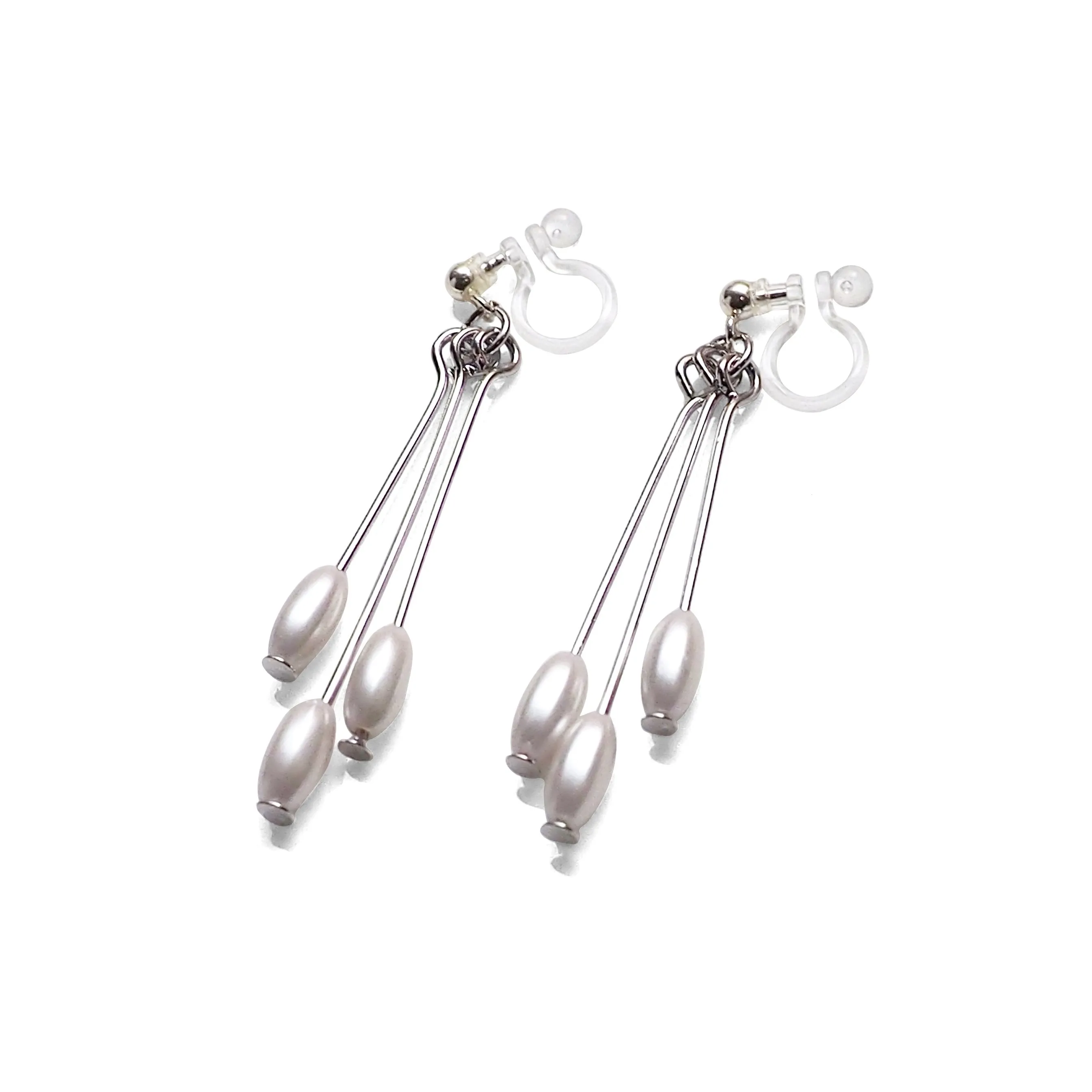 Dangle white pearls & silver sticks invisible clip on earrings