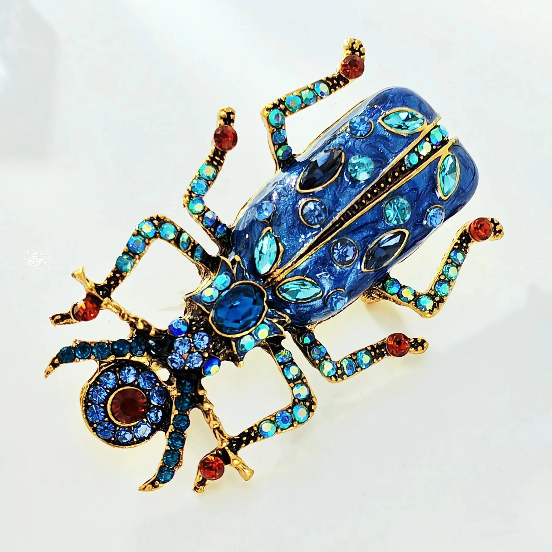 Egyptian Vintage AB Accent Blue Enamel Scarab Brooch Beetle Insect Jewelry