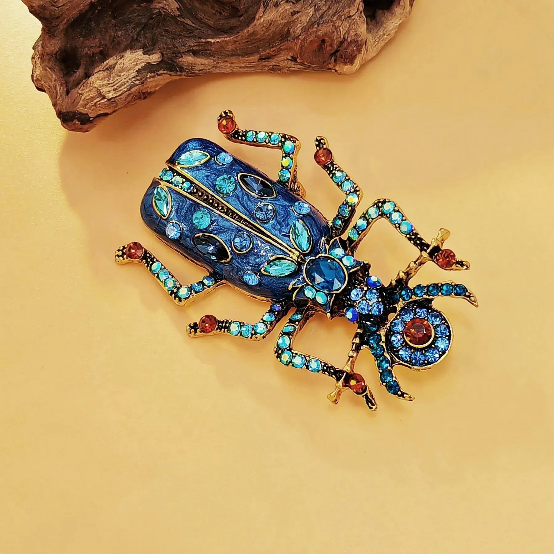 Egyptian Vintage AB Accent Blue Enamel Scarab Brooch Beetle Insect Jewelry