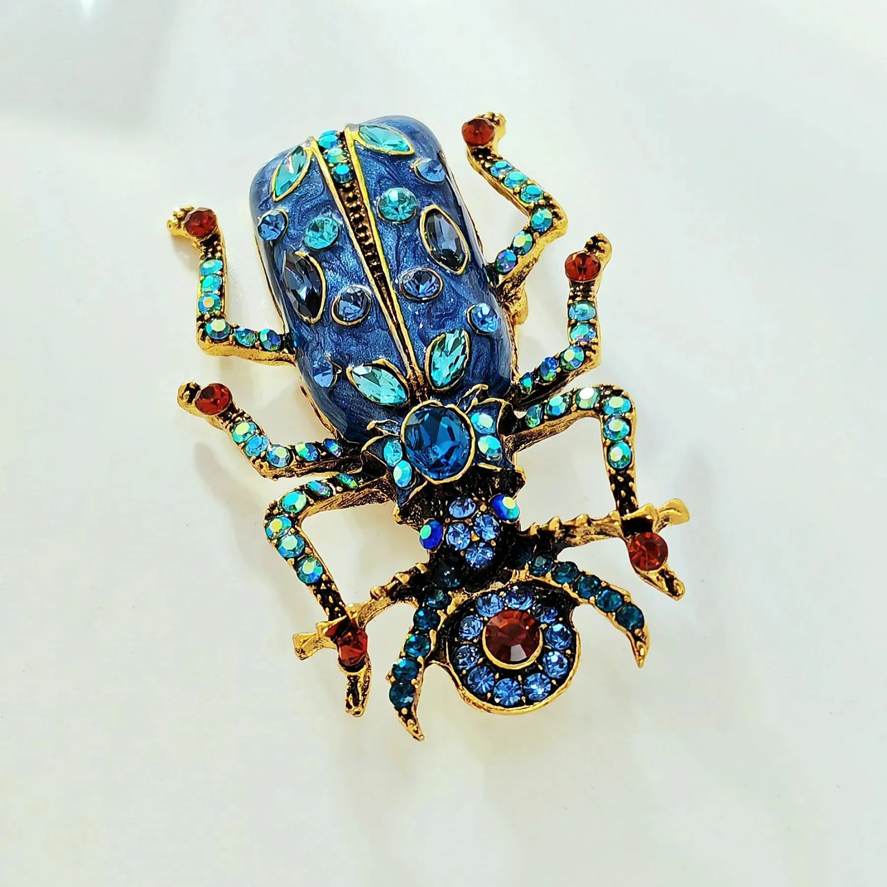 Egyptian Vintage AB Accent Blue Enamel Scarab Brooch Beetle Insect Jewelry