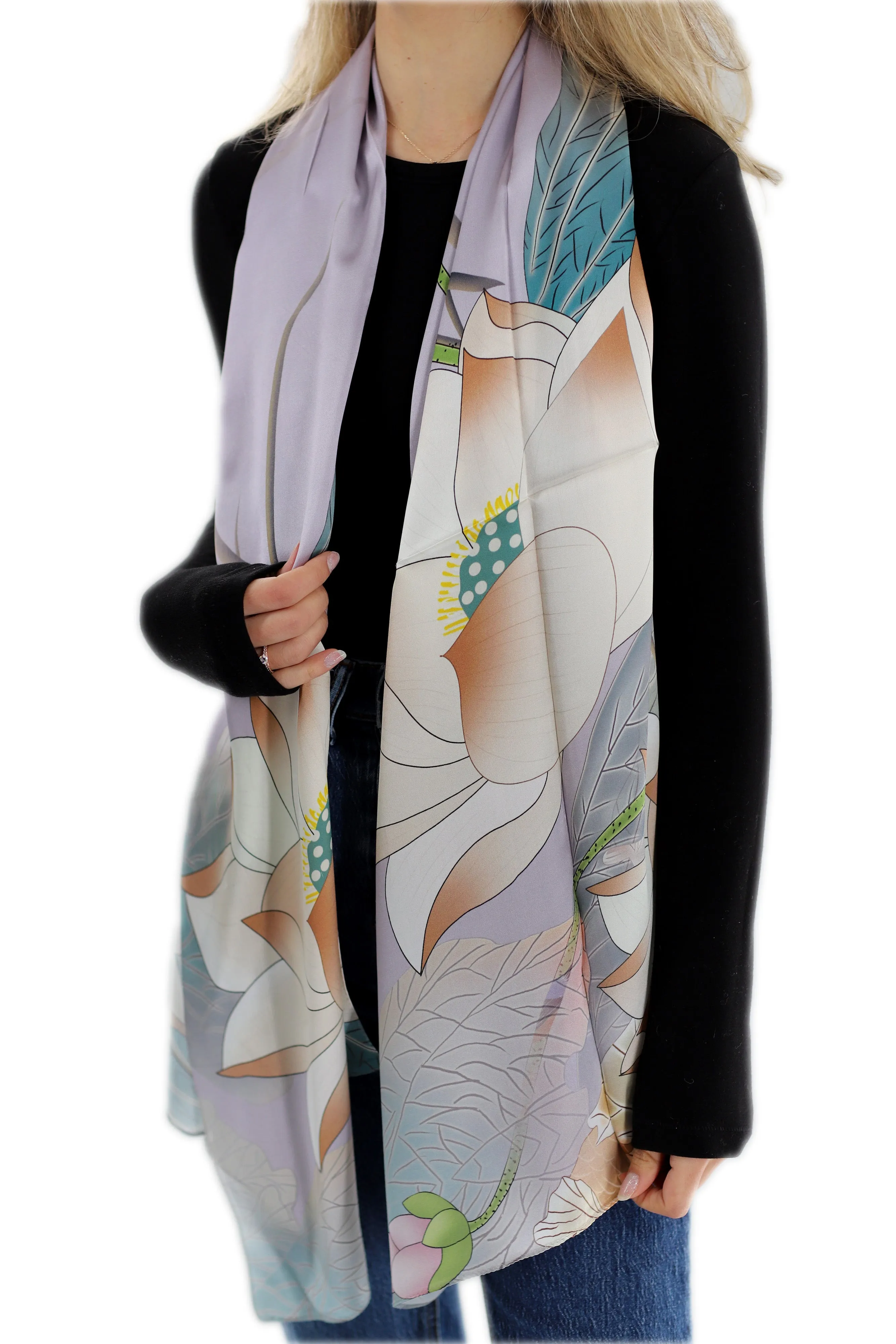 Elegant 100% Silk Floral Print Scarf - Light Grey - One Size (38x30in)