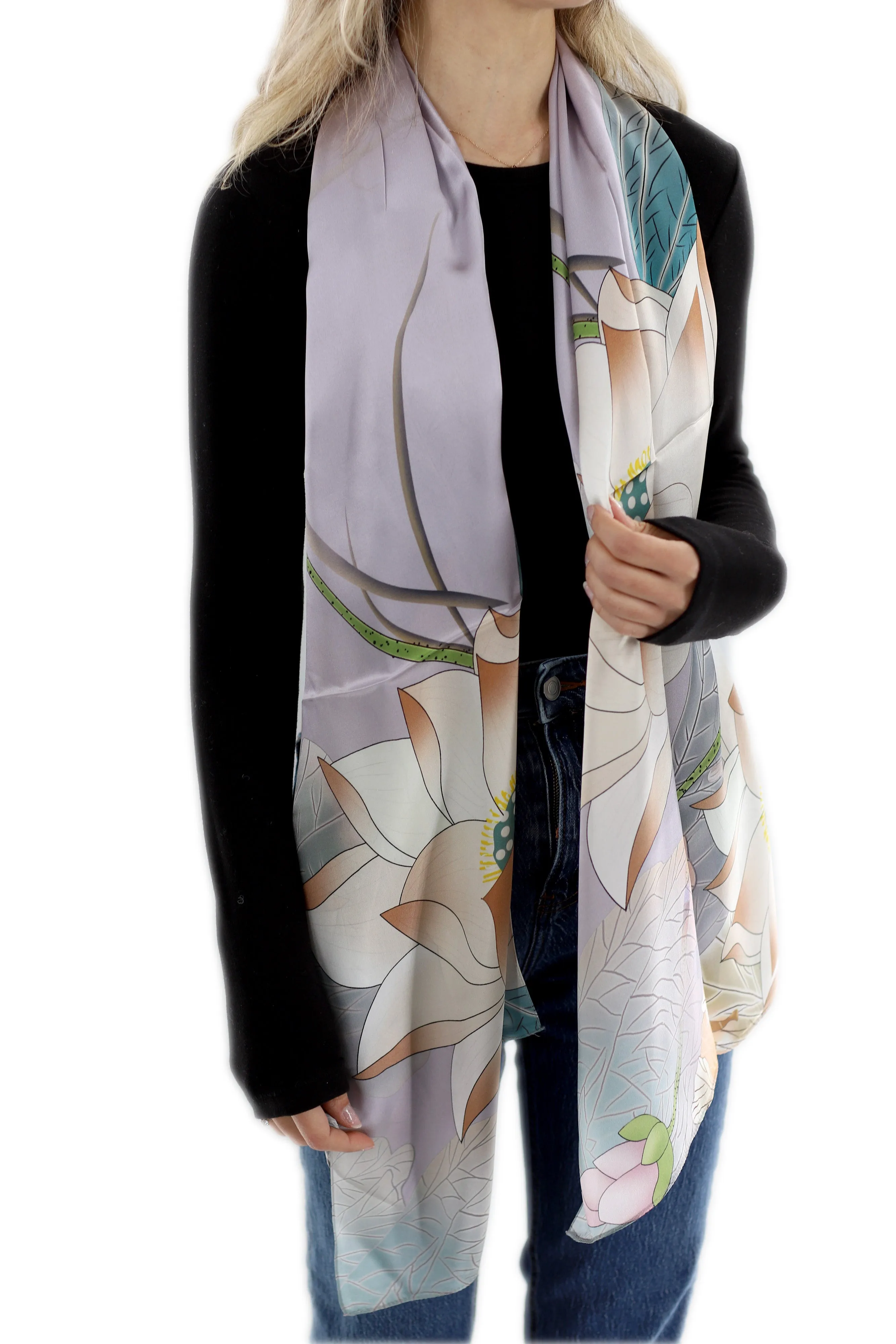 Elegant 100% Silk Floral Print Scarf - Light Grey - One Size (38x30in)