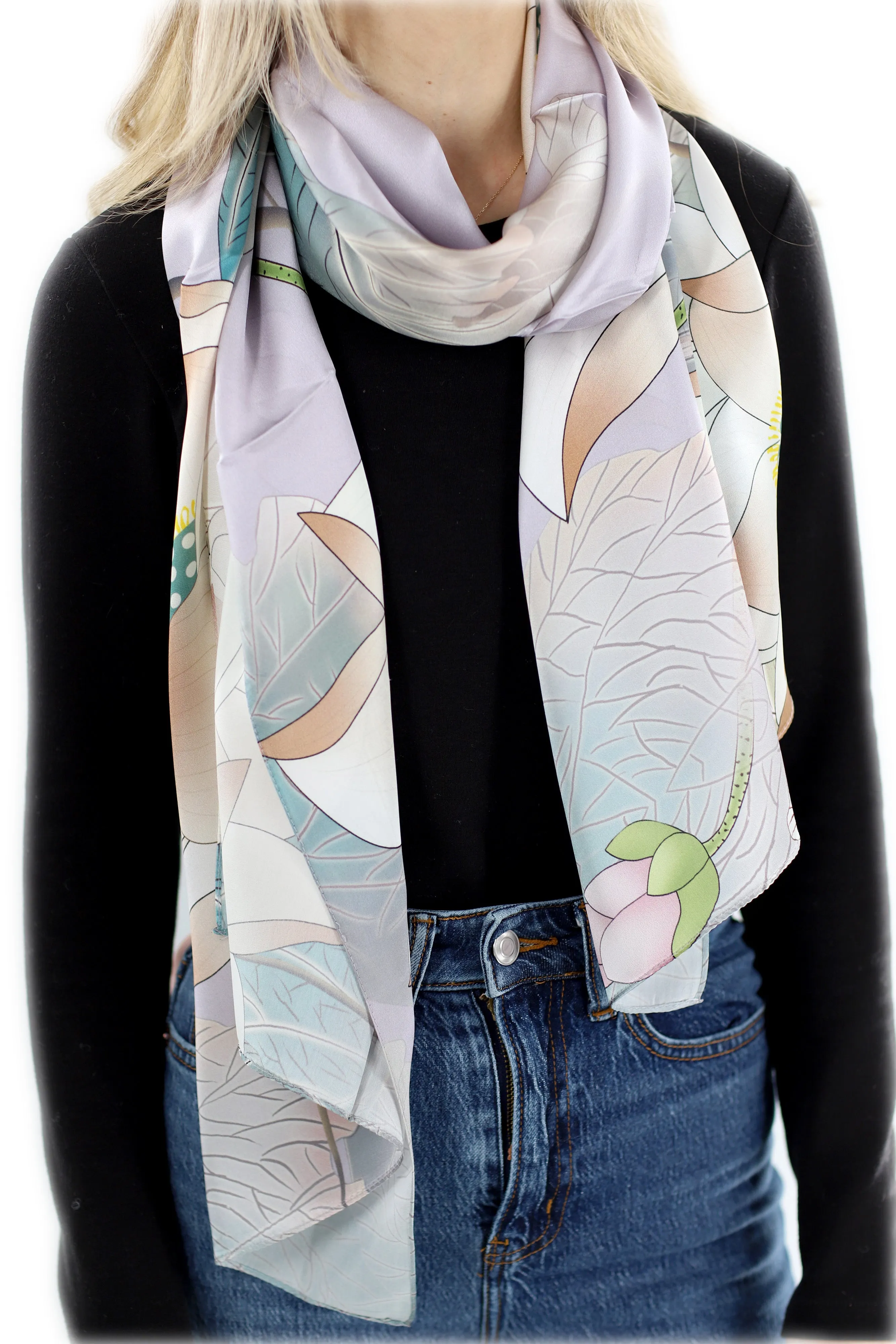 Elegant 100% Silk Floral Print Scarf - Light Grey - One Size (38x30in)