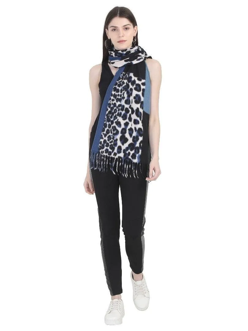 FabSeasons Blue Leopard Printed Acrylic Woolen Scarf For Women