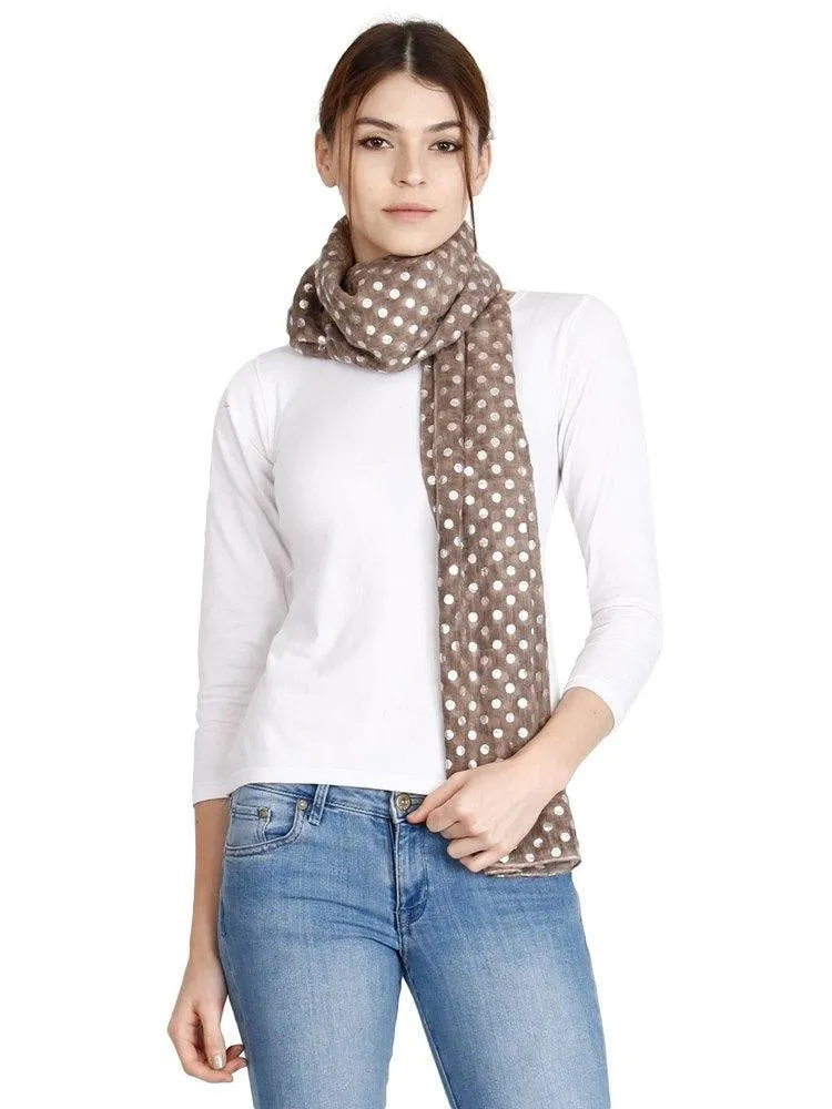 FabSeasons Casual Brown Cotton Solid Scarf with Printed Silver Polka Dots