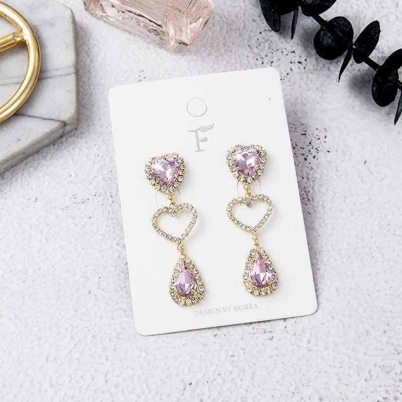 Fashionable Pink Rhinestone Heart Dangle Earrings