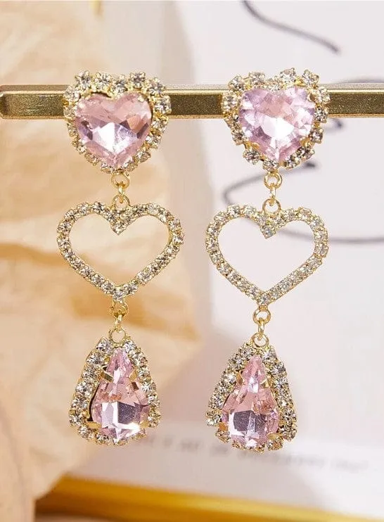 Fashionable Pink Rhinestone Heart Dangle Earrings