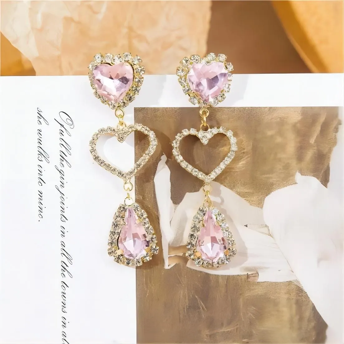 Fashionable Pink Rhinestone Heart Dangle Earrings