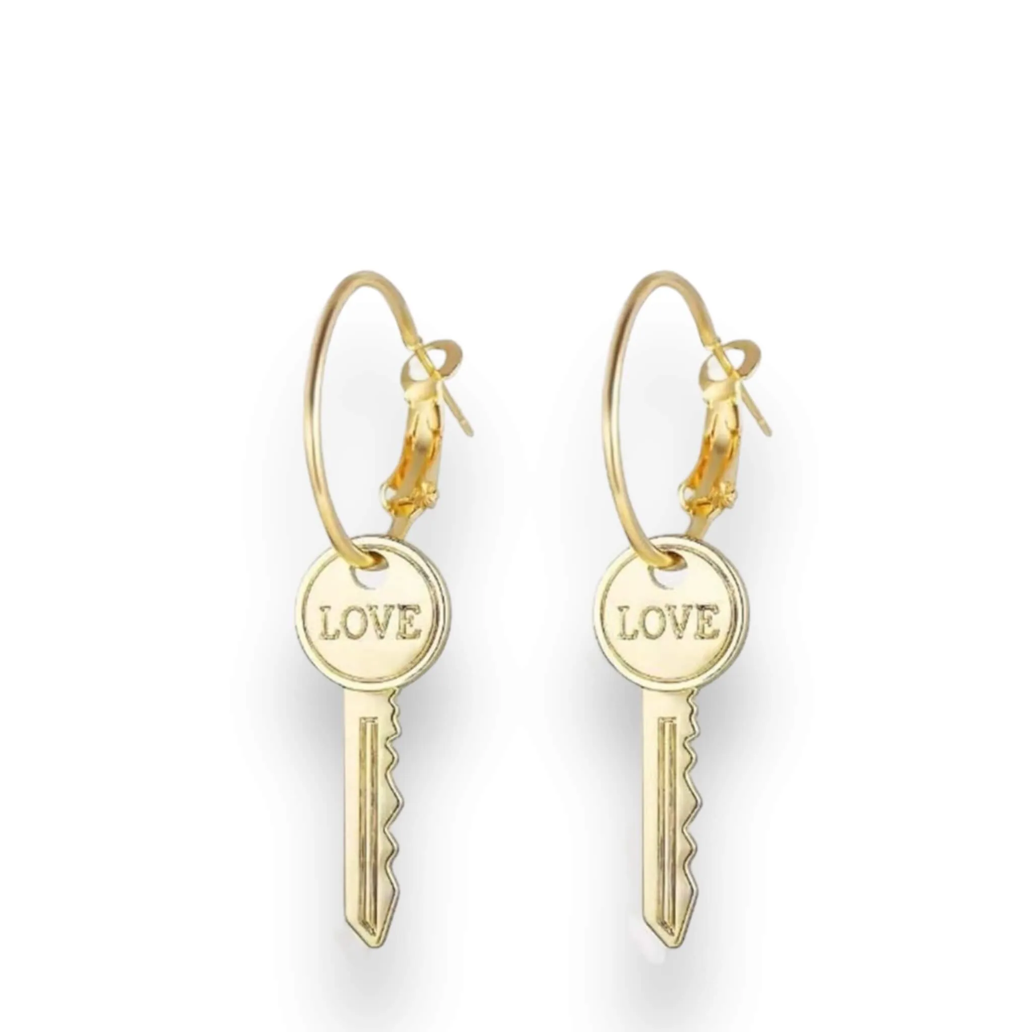 Gold LOVE Keys Dangle Hoop Earrings