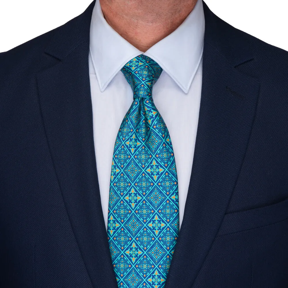 Green and Blue Medieval Mosaic Duchesse Silk Tie