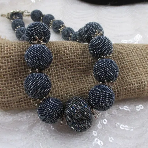 Handmade Exotic Blue Beaded Bead Necklace Big Bold Necklace