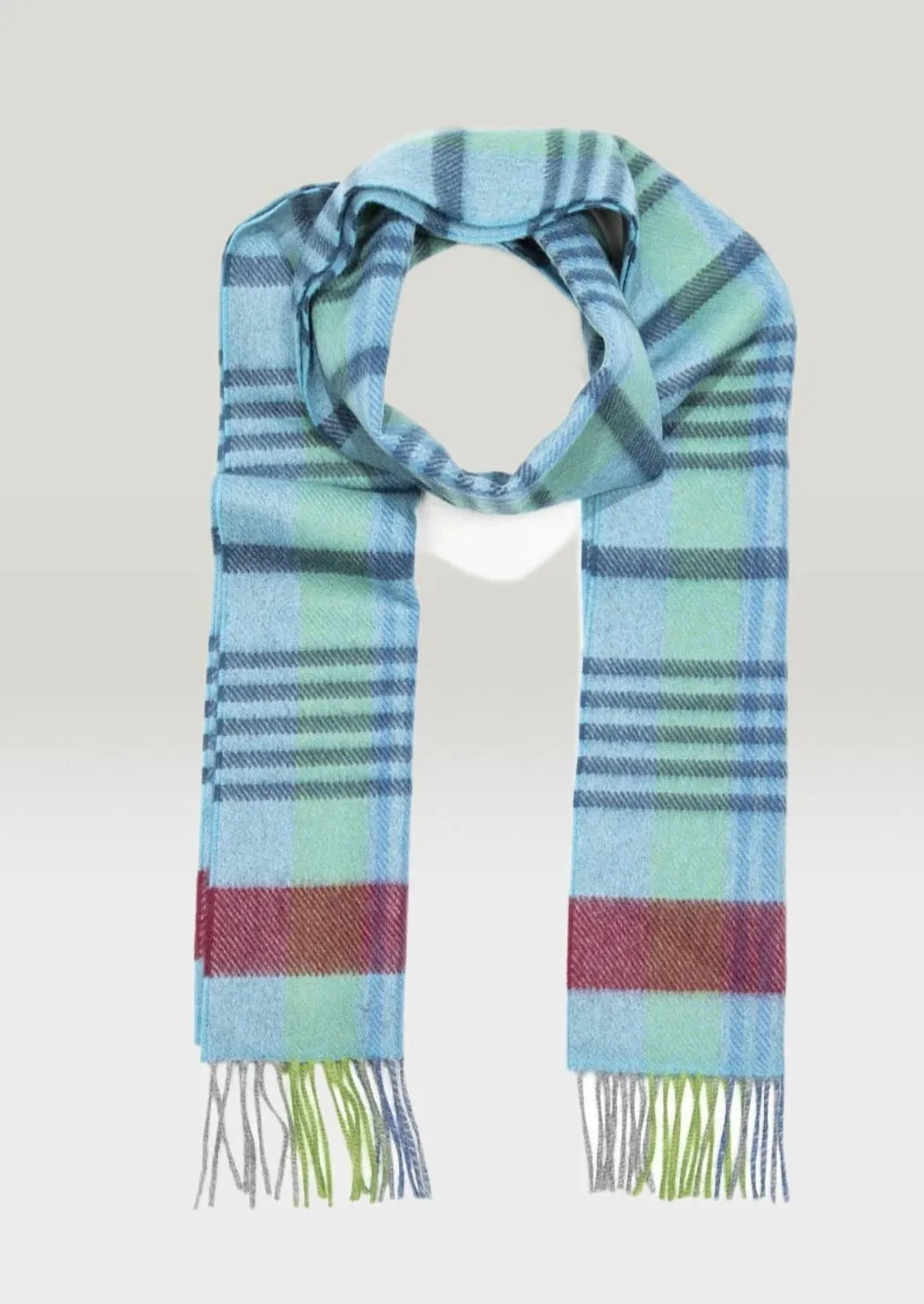 Irish Cashmere Wool Scarf | Grey Blue Burgundy Check