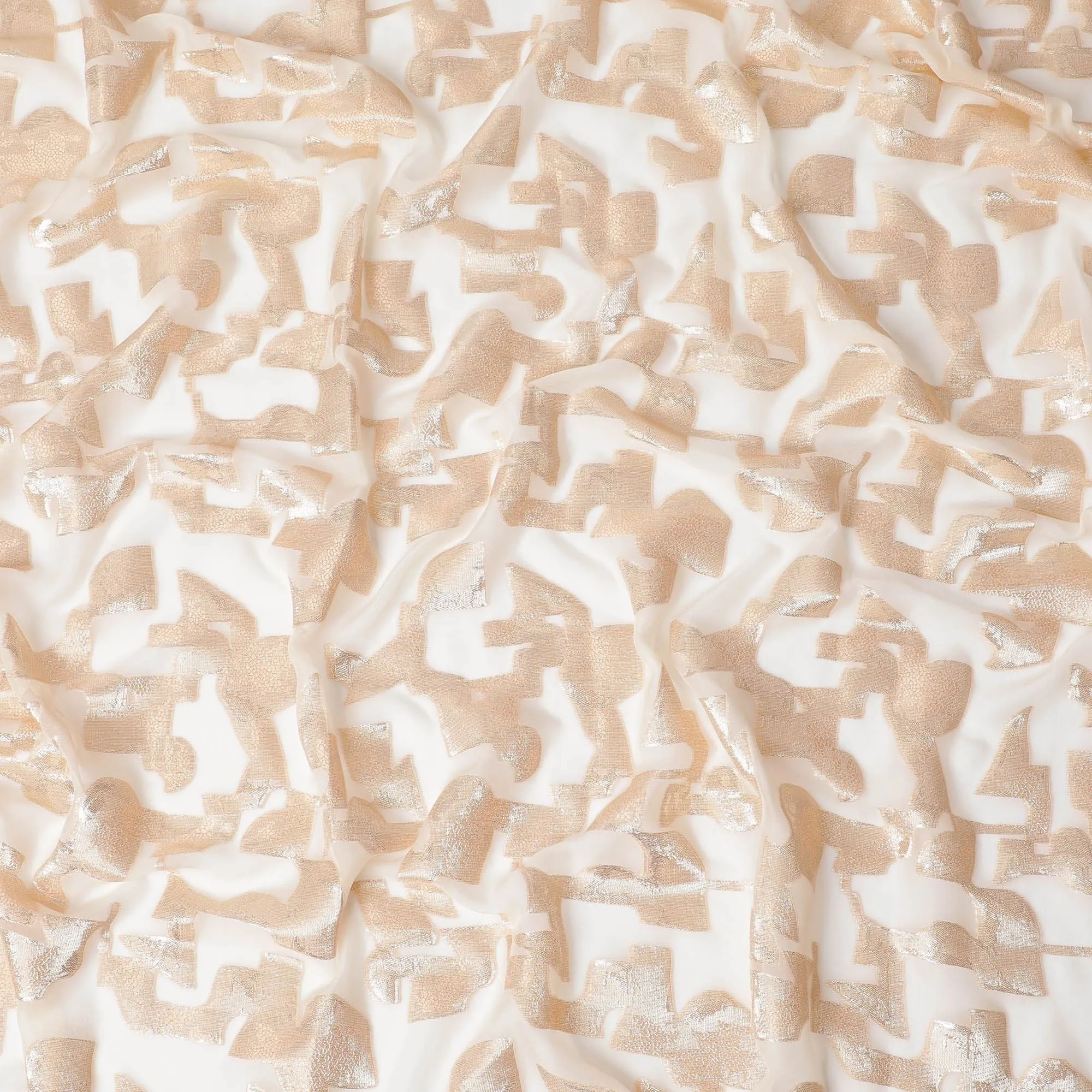 Ivory Opulence Pure Silk Chiffon Fabric with Golden Abstract Patterns, 110cm Width - Traditional Garbasaar, Piece of 2.0 Mtrs-D18620