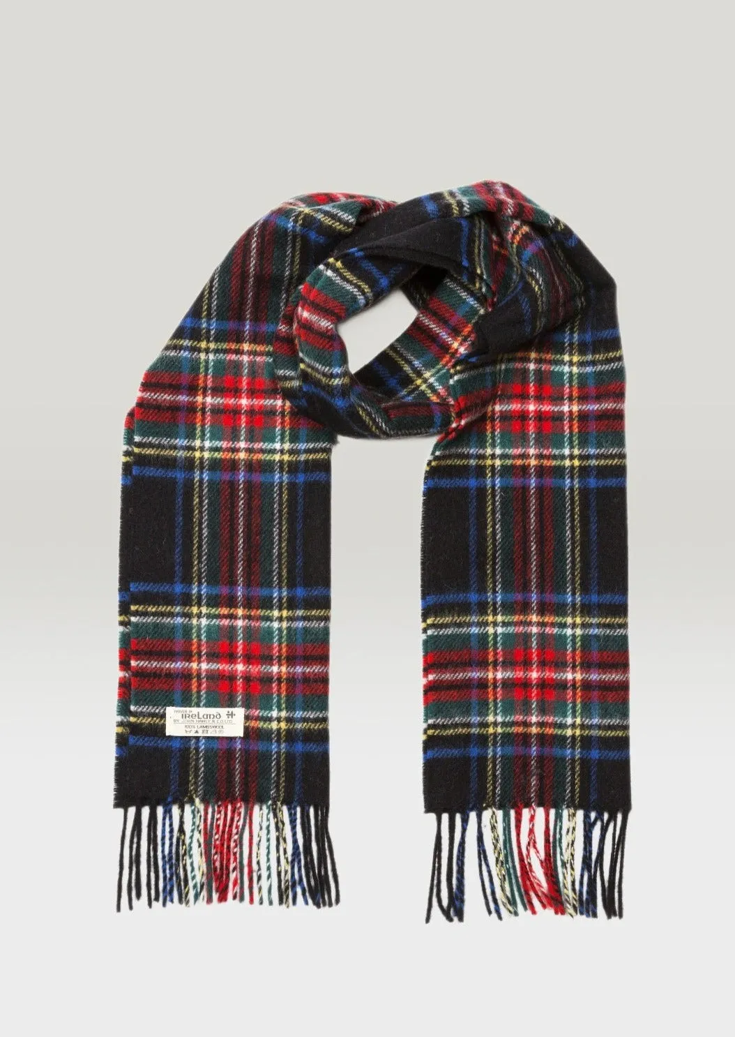 John Hanly Merino Scarf | Black Stewart Tartan