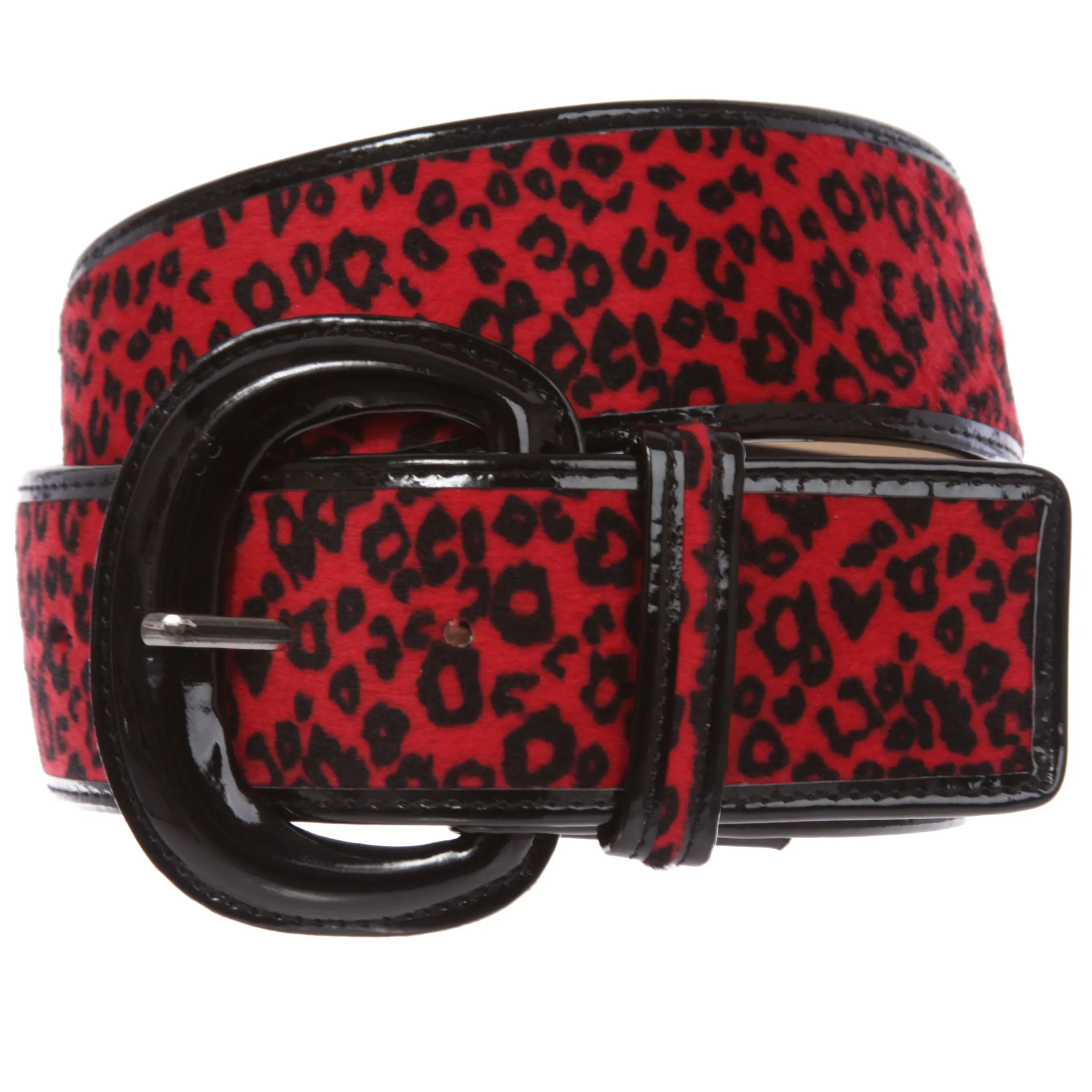 Ladies Patent Leather Faux Leopard Animal Fur Fashion Belt