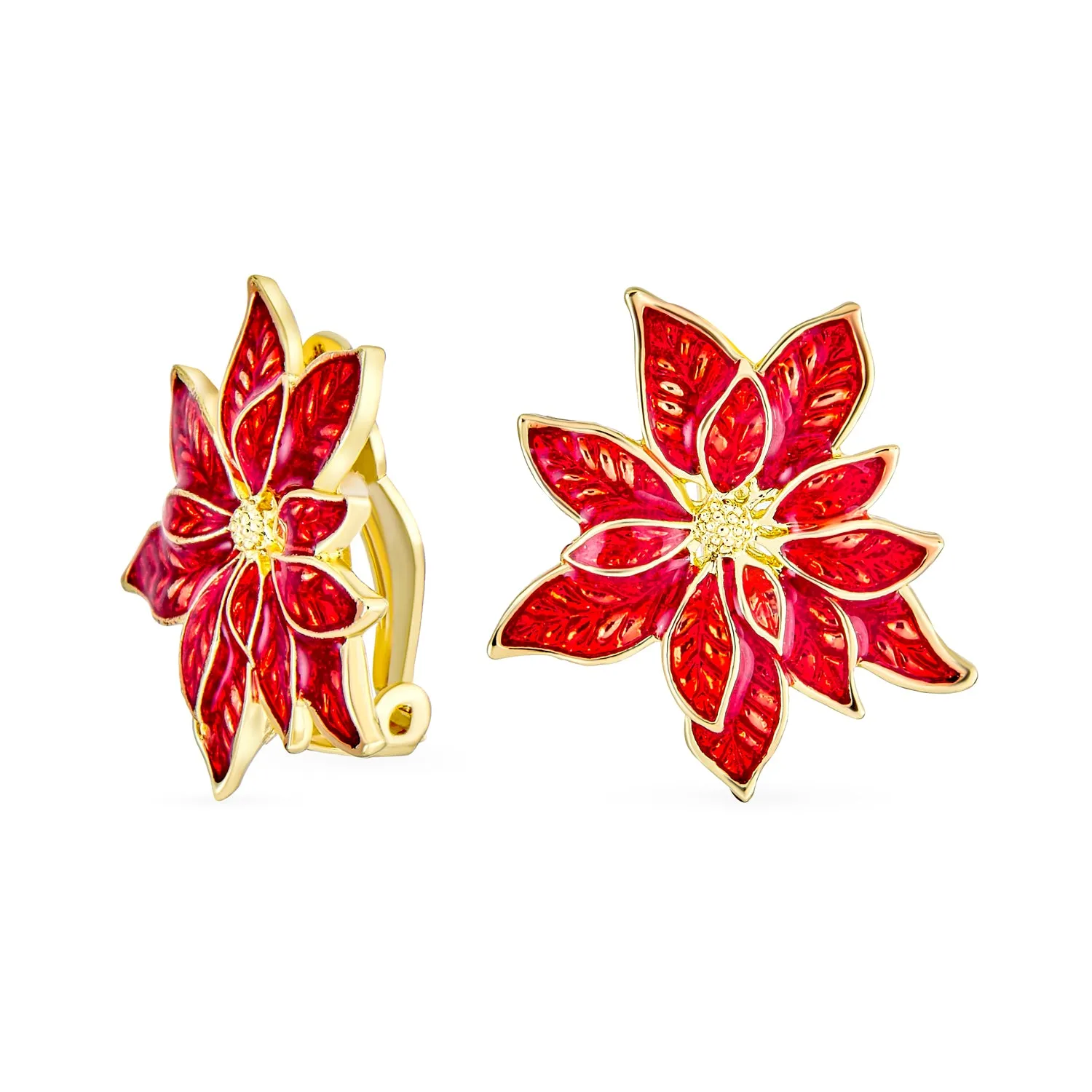 Large Statement Poinsettia Brooch Clip-On Earrings Christmas Jewelry Set Gold Plated