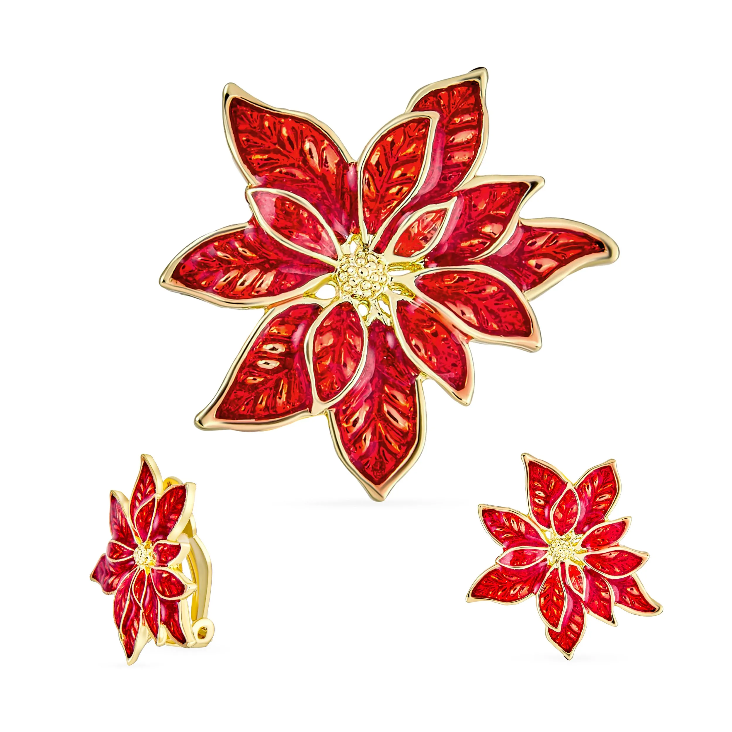 Large Statement Poinsettia Brooch Clip-On Earrings Christmas Jewelry Set Gold Plated