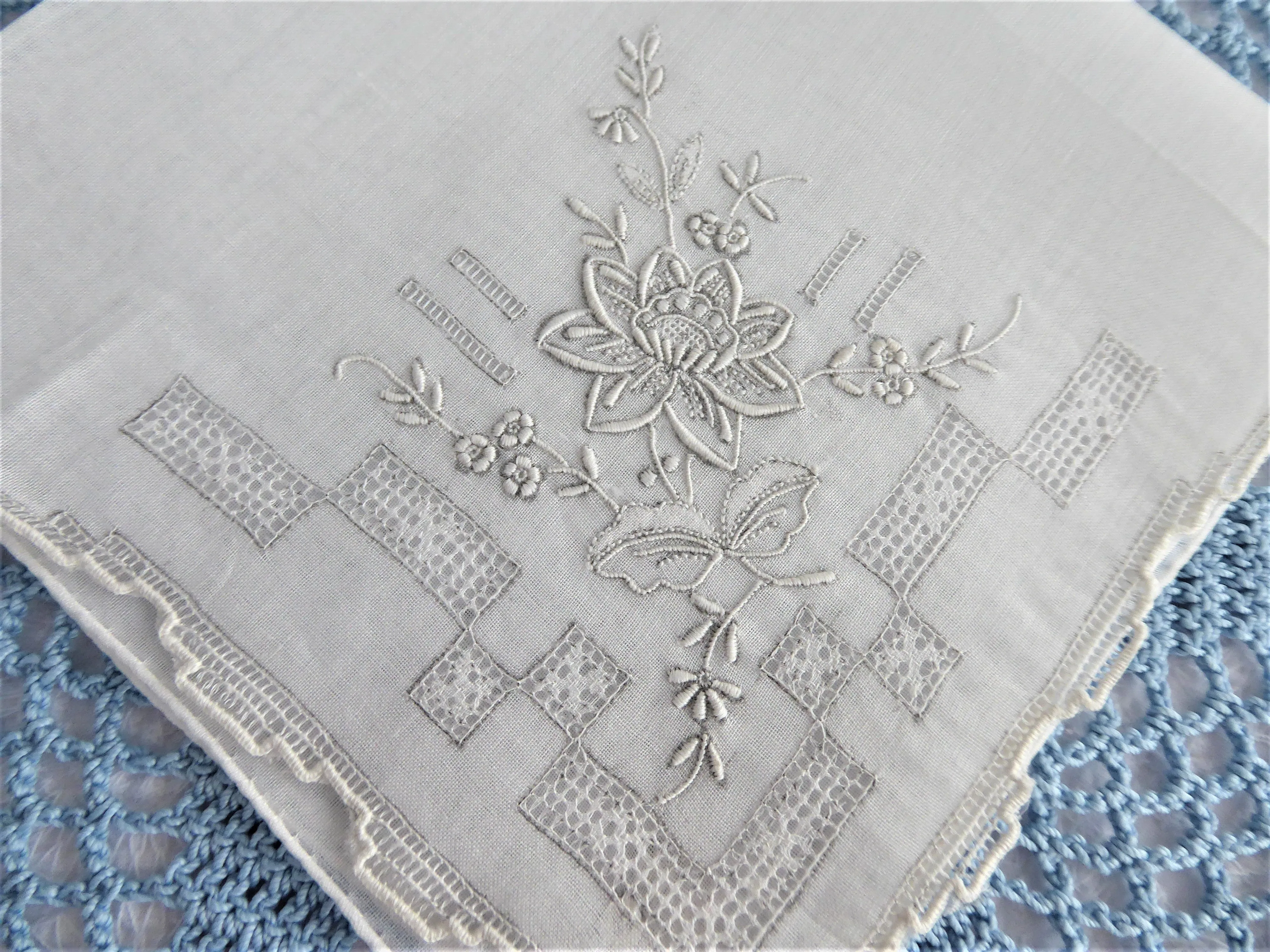 Madeira Handkerchief Hand Embroidered Floral White Rolled Hems Hanky