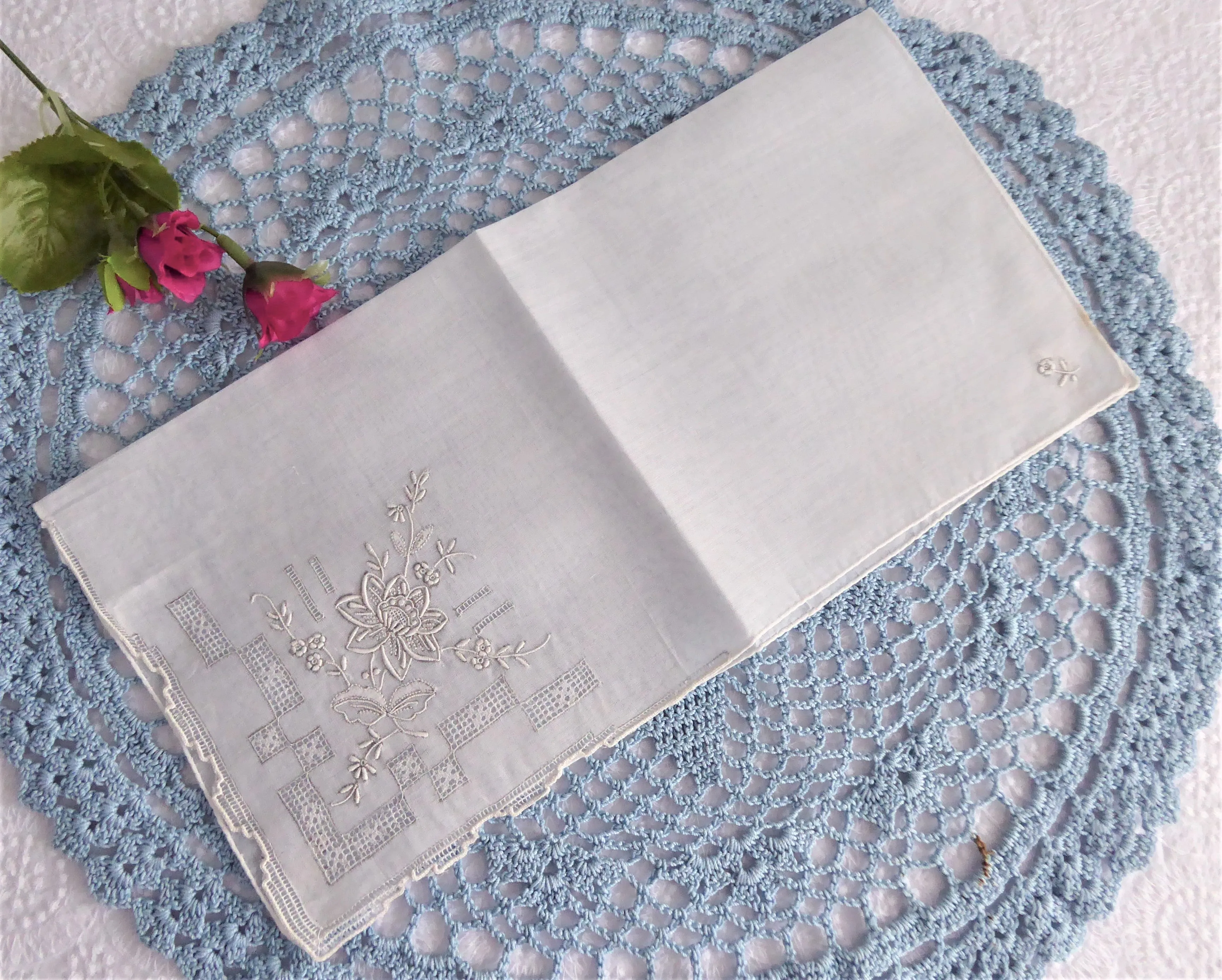 Madeira Handkerchief Hand Embroidered Floral White Rolled Hems Hanky