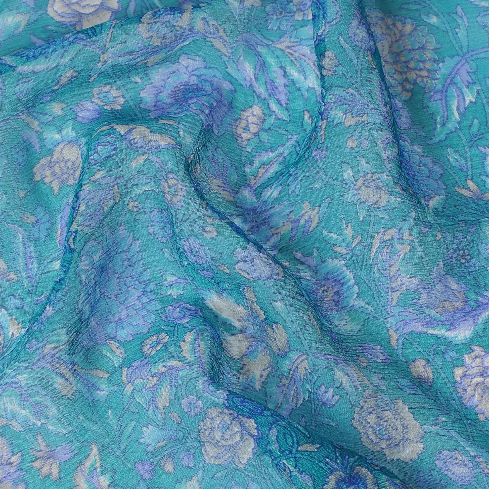 Oceanic Garden Pure Wrinkle Silk Chiffon Fabric - Exquisite Floral Print, 110cm Width - Buy Online by the Meter-D18048