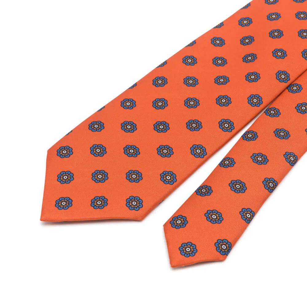 Orange and Blue Classic Flower Twill Silk Tie