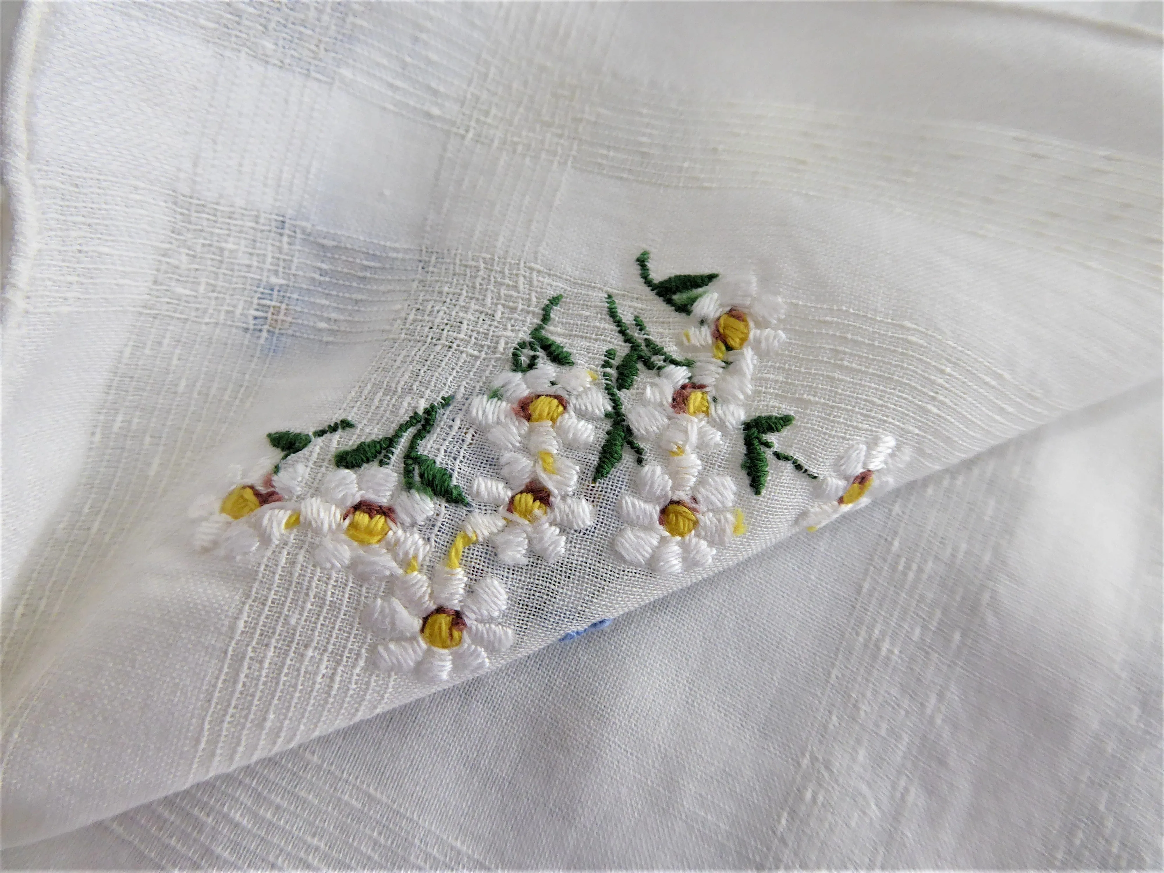 Pair Vintage Handkerchief Hand Embroidered Forget Me Nots Daisies Rolled Hems Hanky