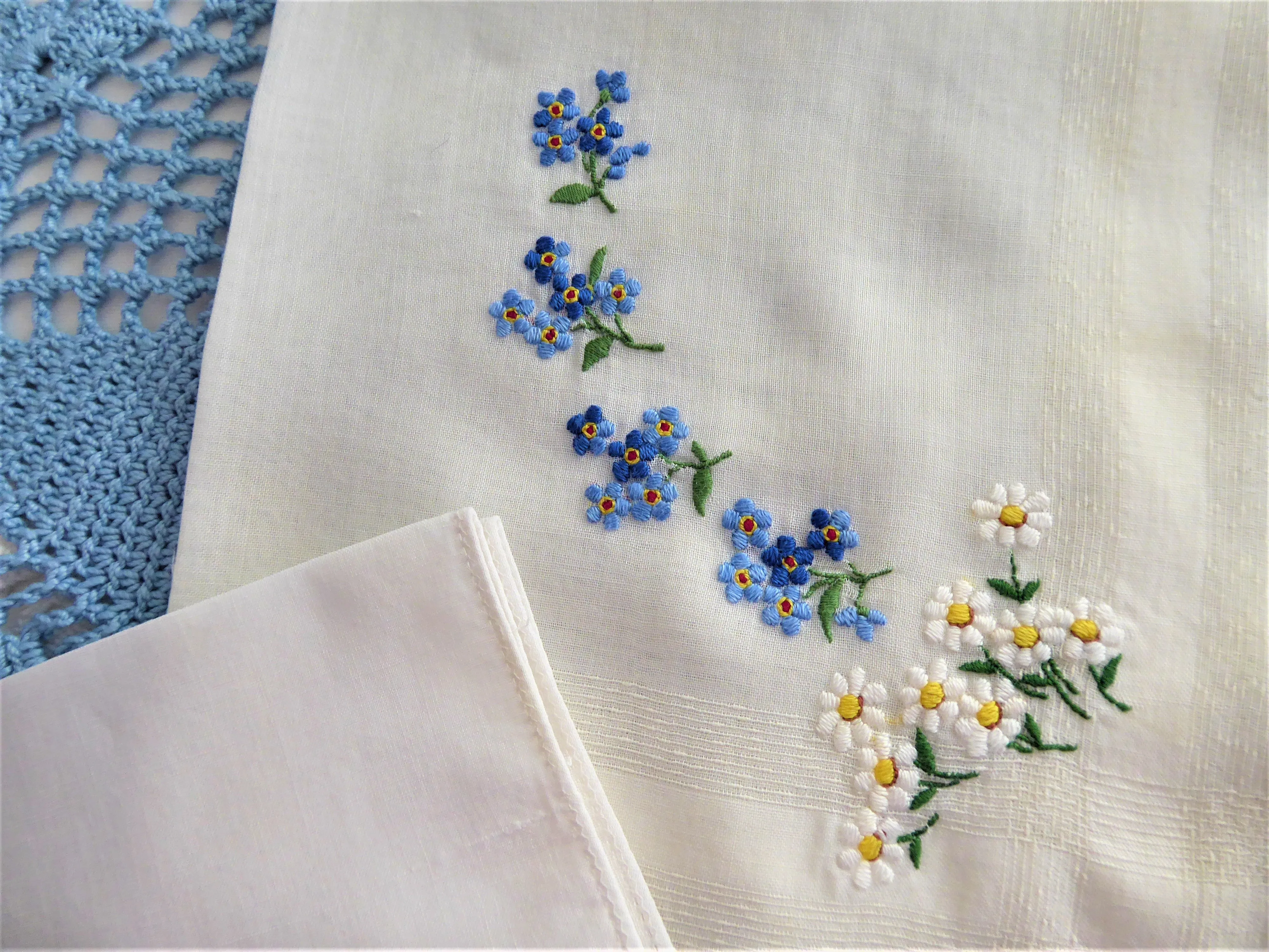 Pair Vintage Handkerchief Hand Embroidered Forget Me Nots Daisies Rolled Hems Hanky