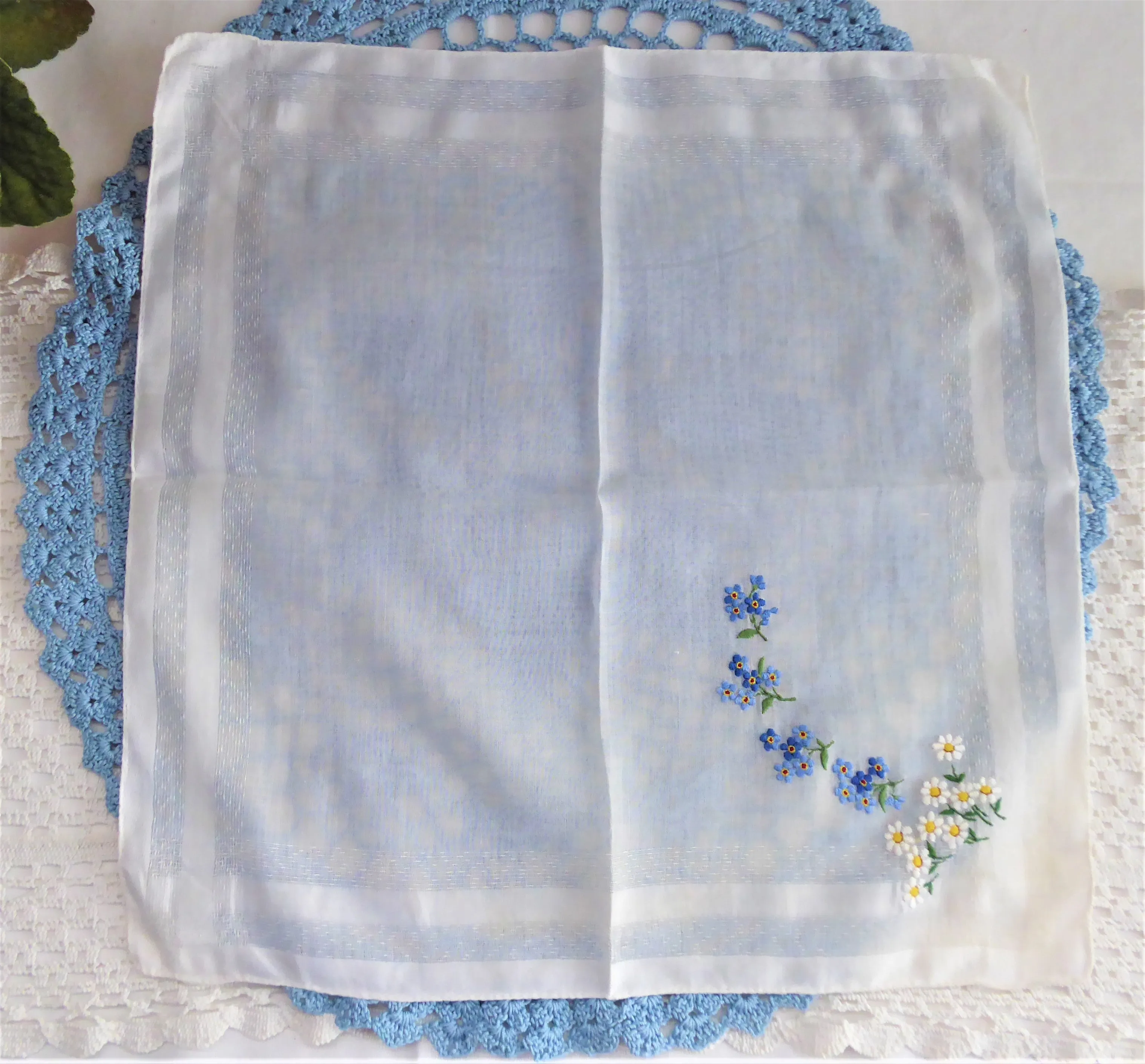 Pair Vintage Handkerchief Hand Embroidered Forget Me Nots Daisies Rolled Hems Hanky