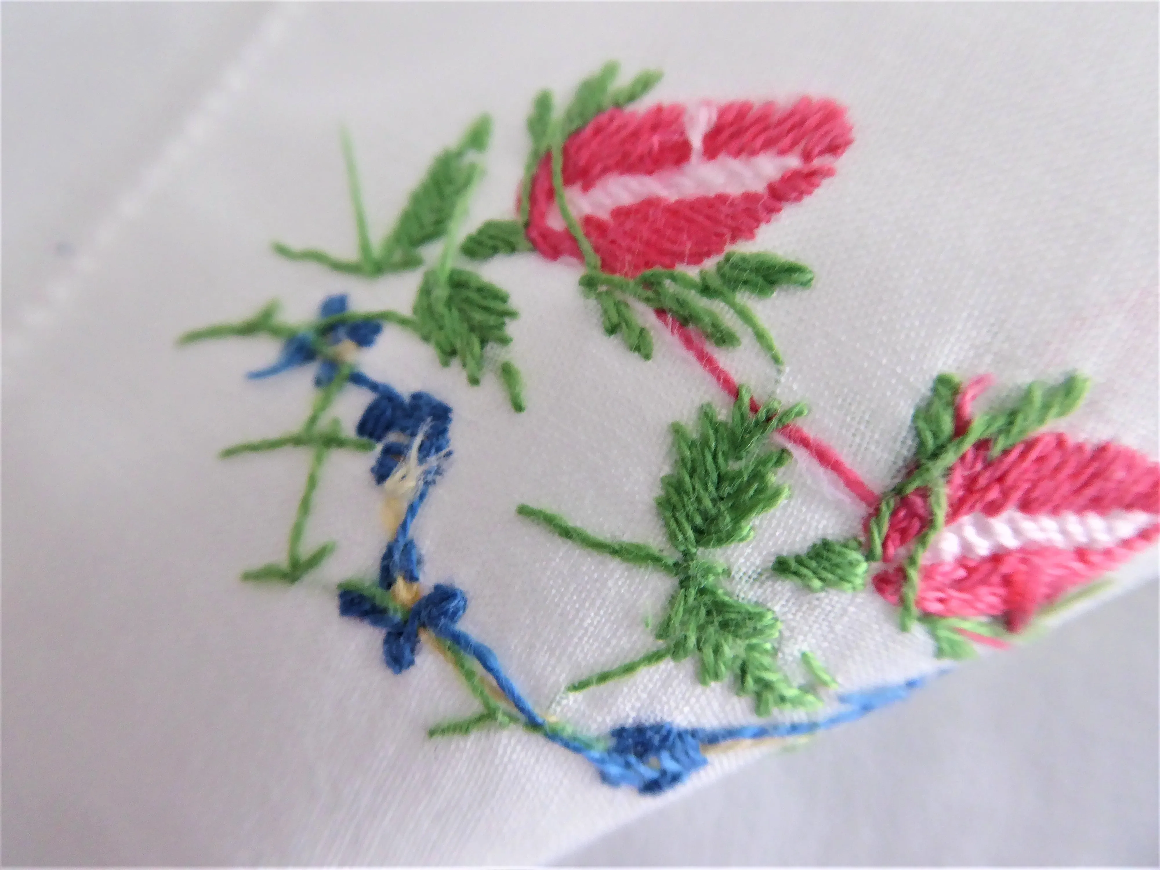 Pair Vintage Handkerchief Hand Embroidered Forget Me Nots Daisies Rolled Hems Hanky