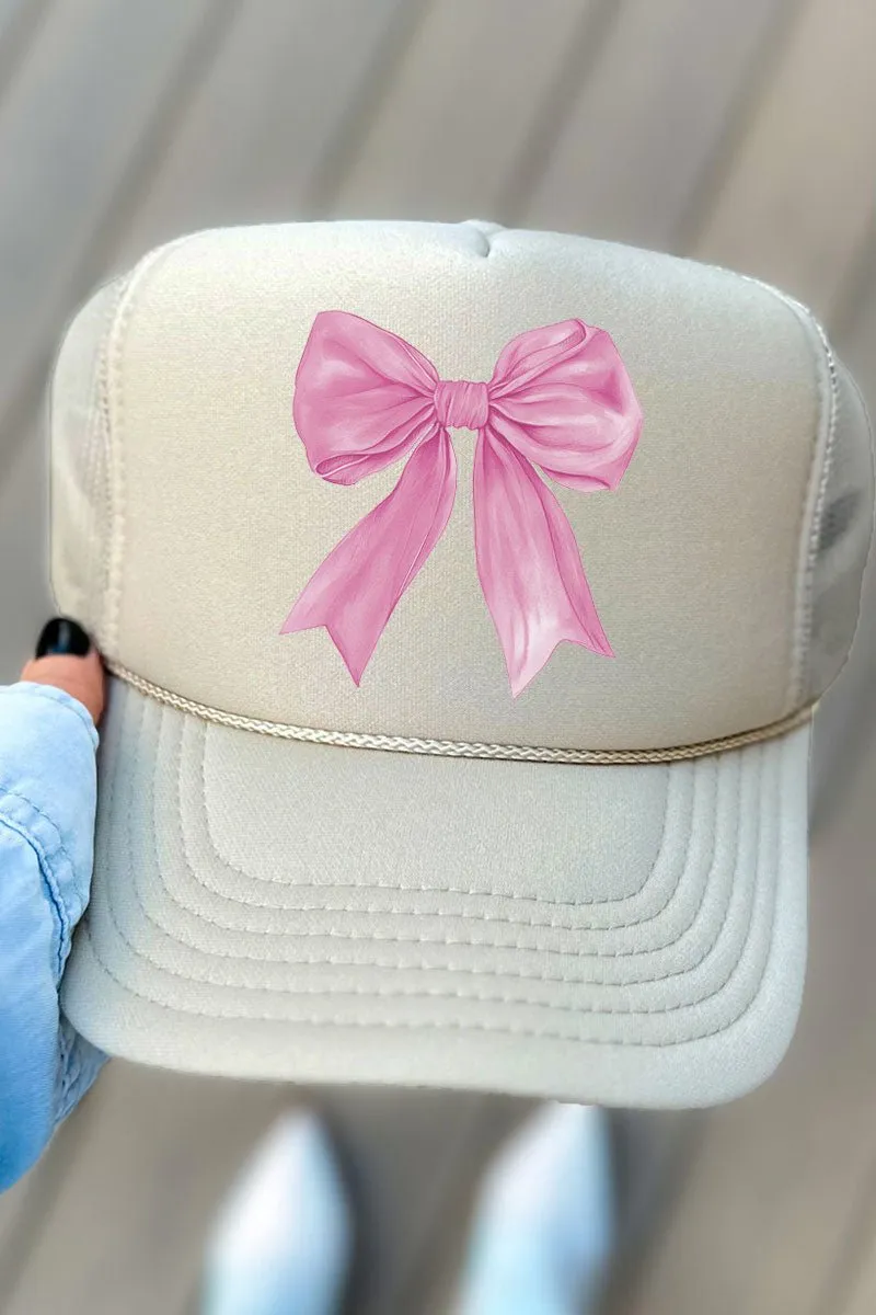 Pink Watercolor Bow Otto Khaki Foam Front Trucker Hat