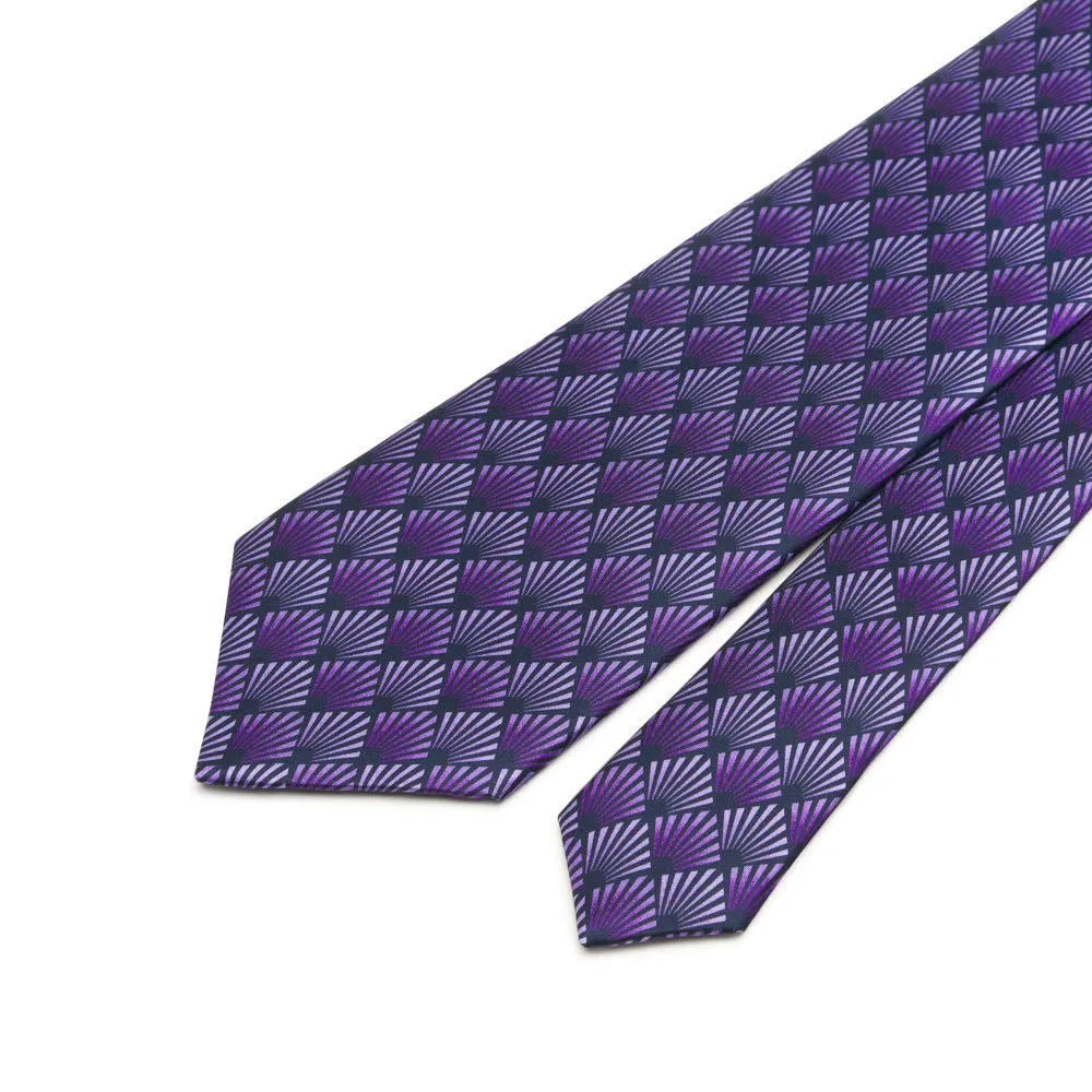 Purple and Blue Art Dèco Motif Satin Silk Tie