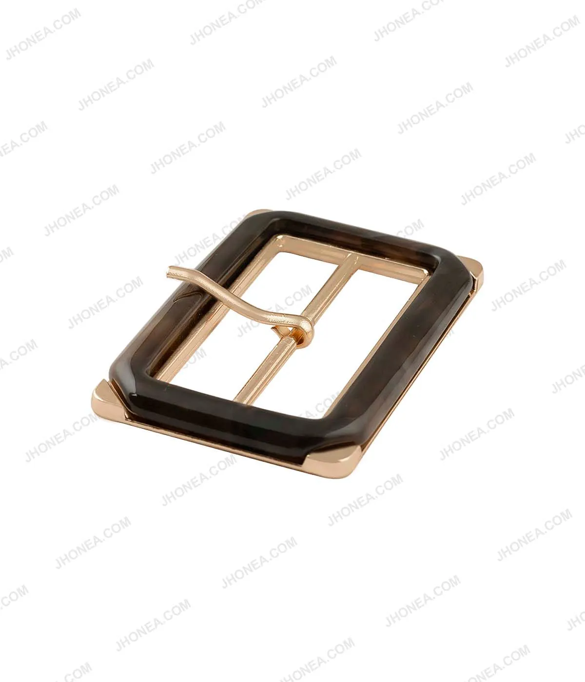 Rectangle Frame Shiny Gold with Horn Effect Accent Prong Belt Buckle