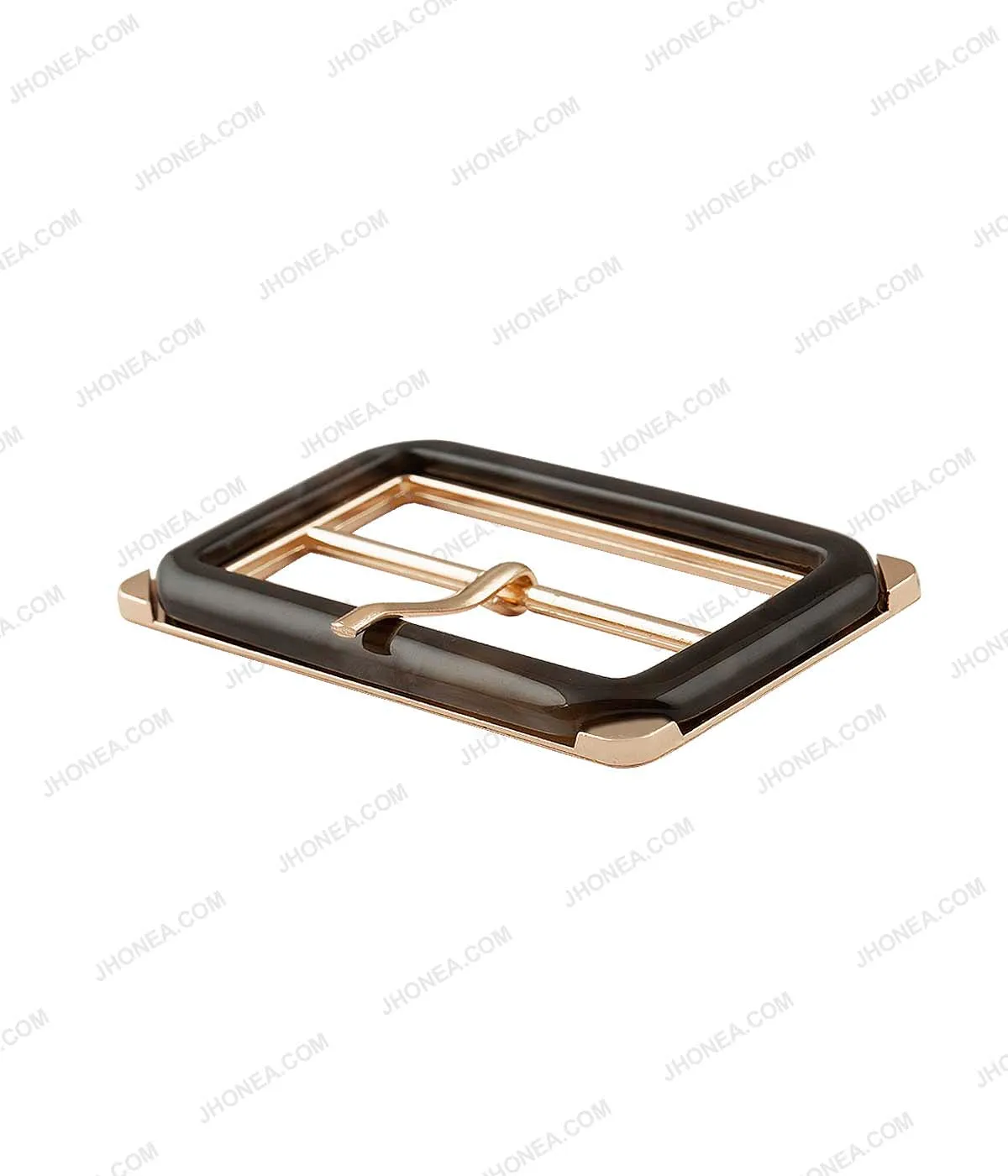 Rectangle Frame Shiny Gold with Horn Effect Accent Prong Belt Buckle