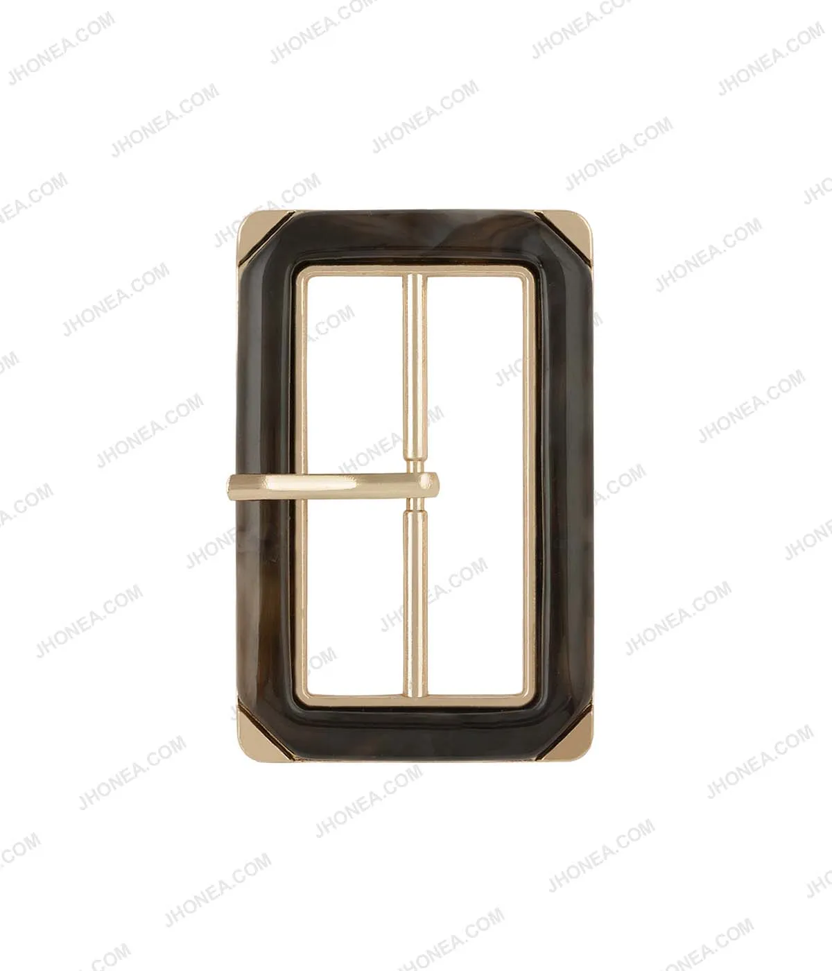 Rectangle Frame Shiny Gold with Horn Effect Accent Prong Belt Buckle