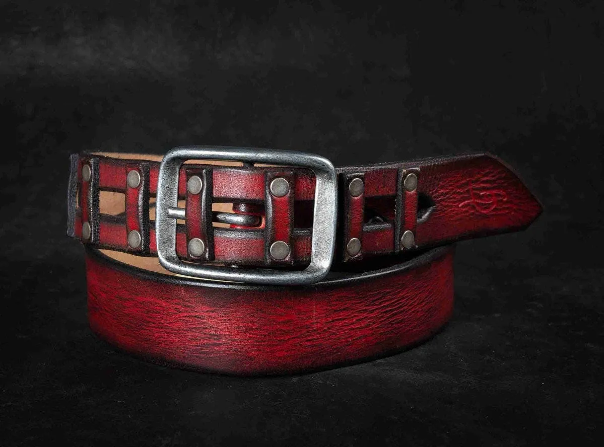 Red Leather Belt with Unique Buckle - Mens and Womens Gift - Ishaor Genuine Piece