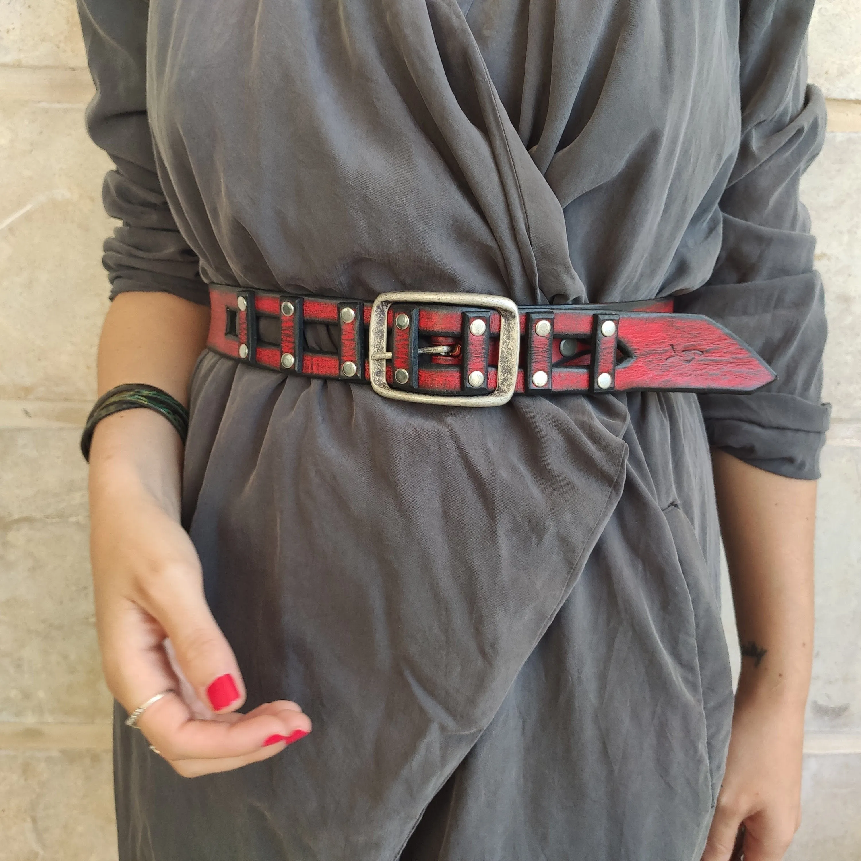 Red Leather Belt with Unique Buckle - Mens and Womens Gift - Ishaor Genuine Piece