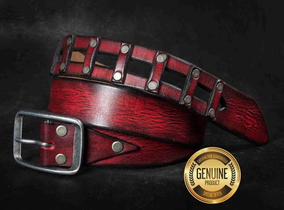 Red Leather Belt with Unique Buckle - Mens and Womens Gift - Ishaor Genuine Piece