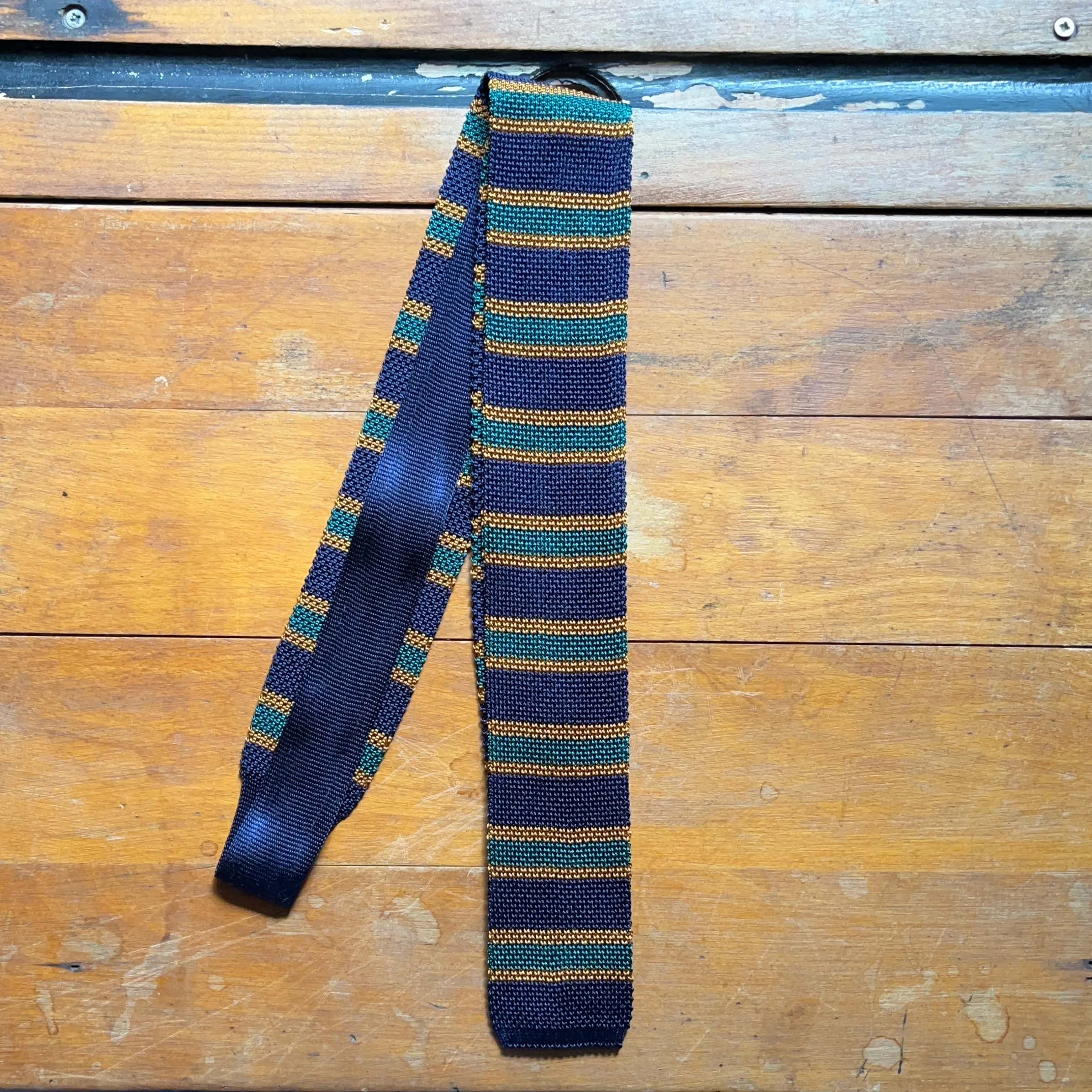 Regent  - Knitted Silk Tie - Navy, Green and Ginger Stripes