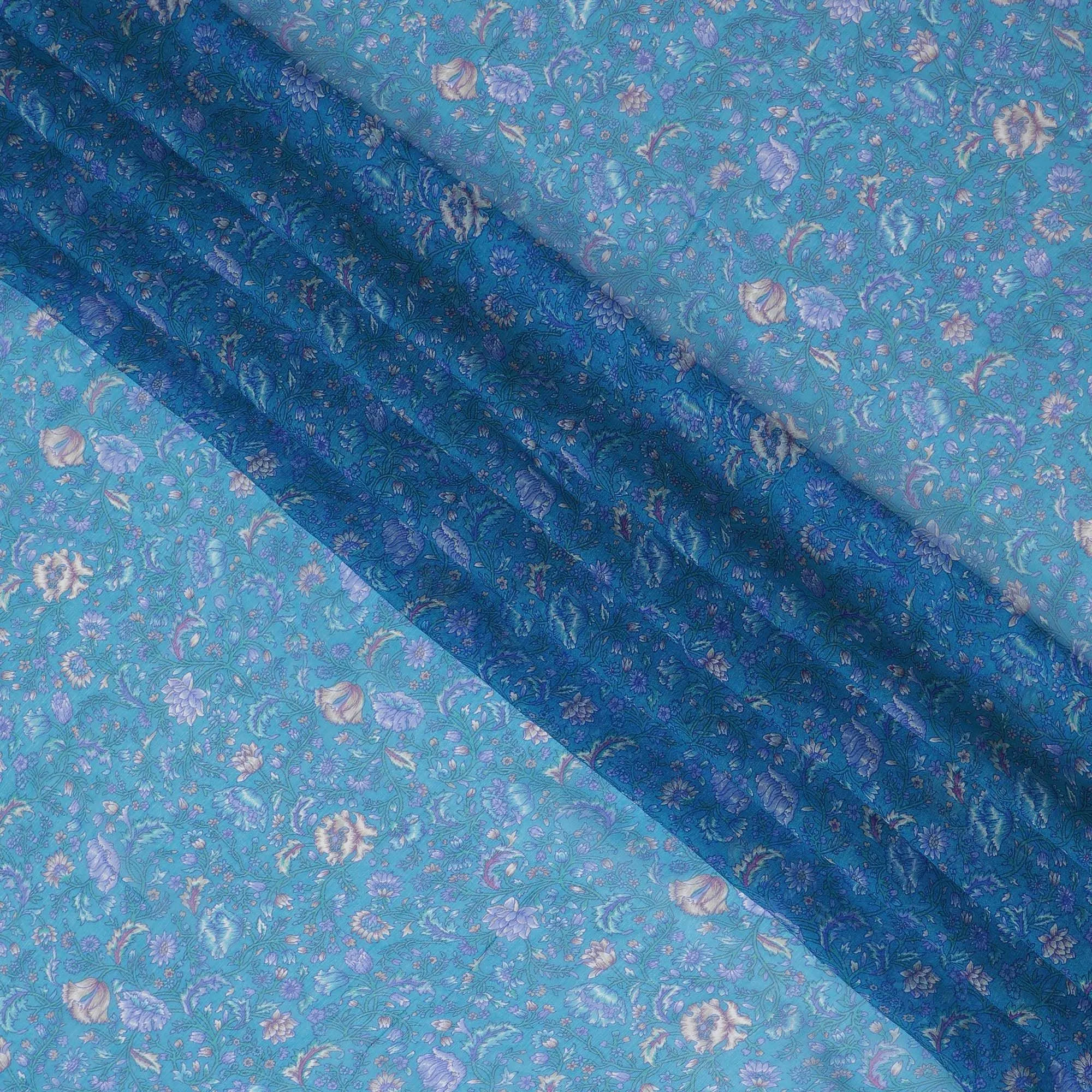 Sapphire Bloom Pure Wrinkle Silk Chiffon Fabric - Floral Delicacy, 110cm Width - Buy Online by the Meter-D18059