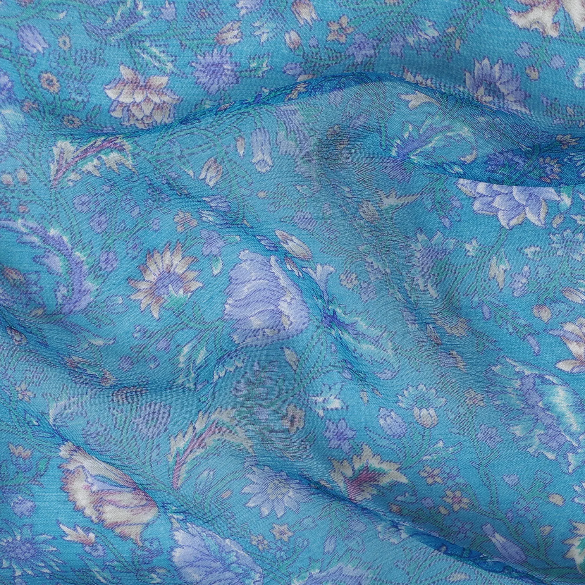 Sapphire Bloom Pure Wrinkle Silk Chiffon Fabric - Floral Delicacy, 110cm Width - Buy Online by the Meter-D18059