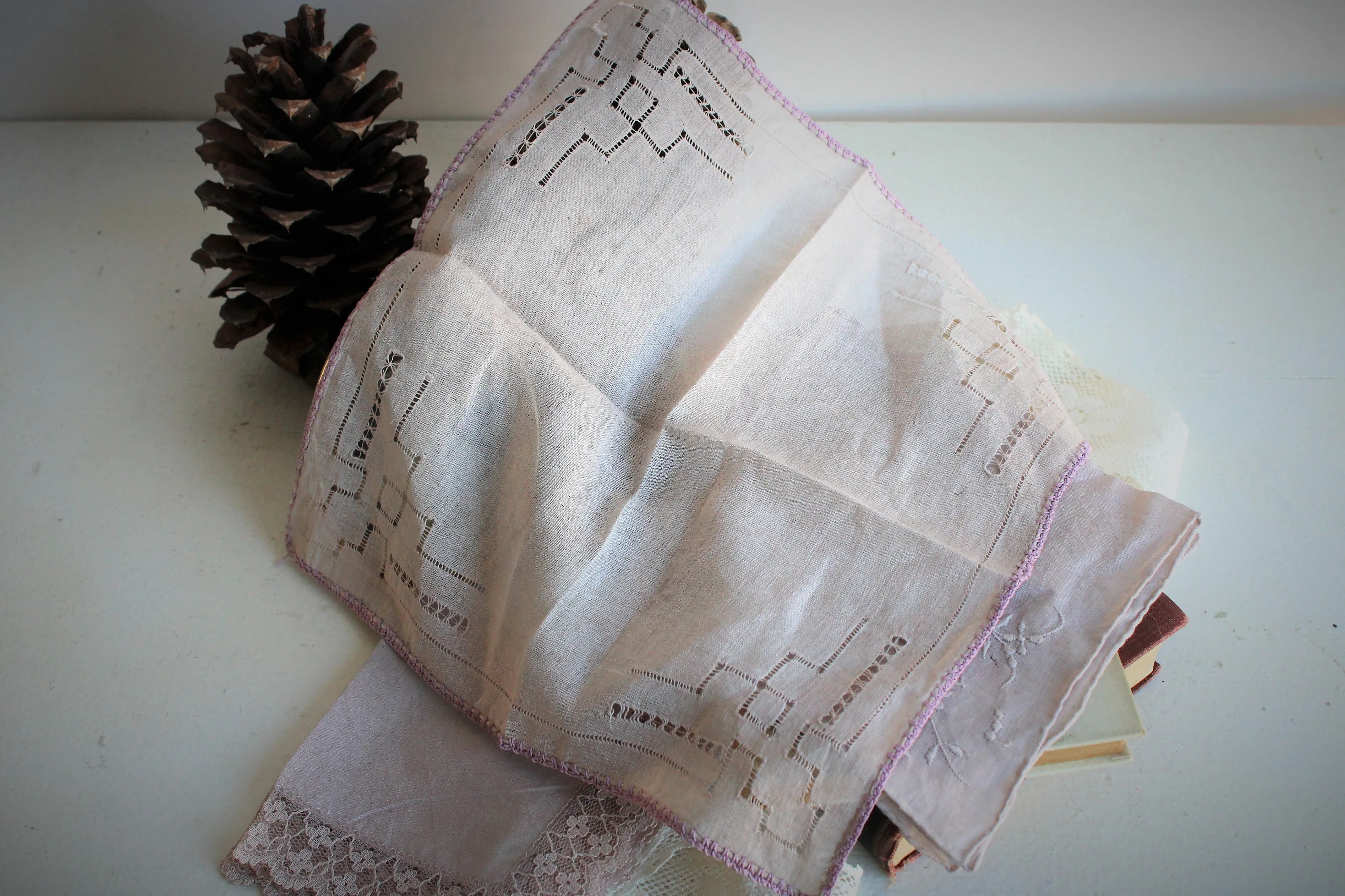 Set of Three Hand Plant Dyed Vintage Handkerchiefs in Silvery Lavender