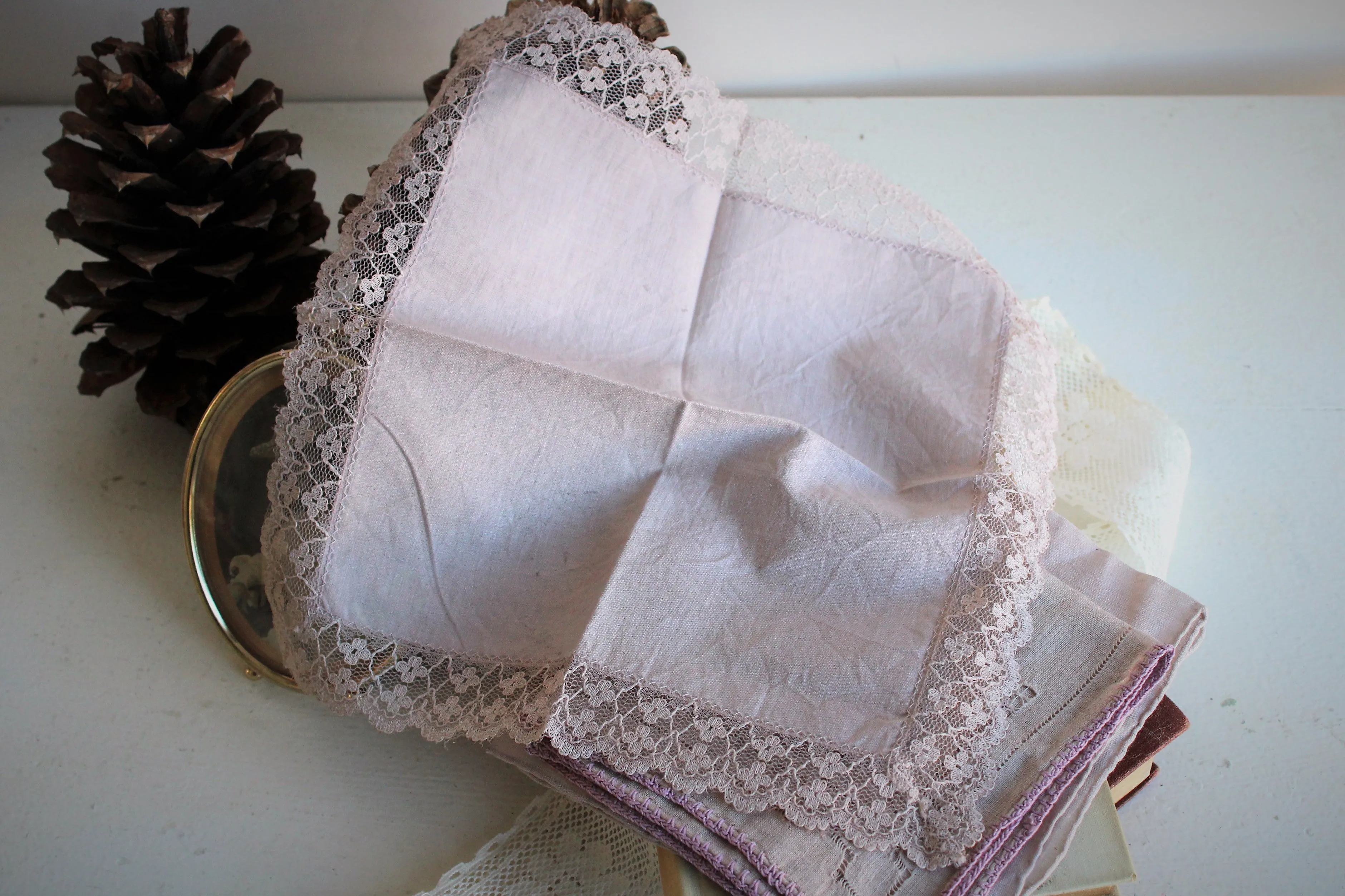 Set of Three Hand Plant Dyed Vintage Handkerchiefs in Silvery Lavender