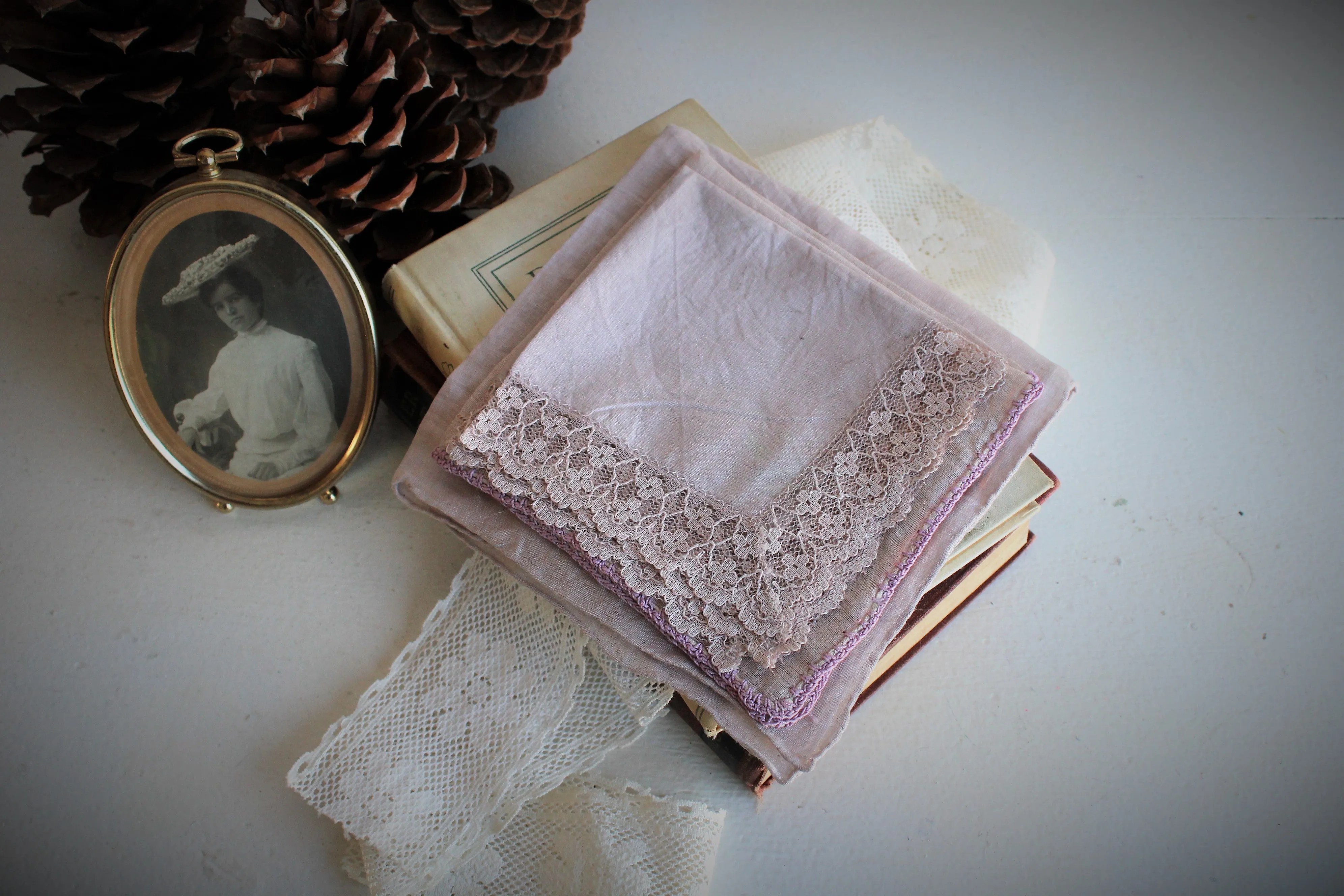 Set of Three Hand Plant Dyed Vintage Handkerchiefs in Silvery Lavender