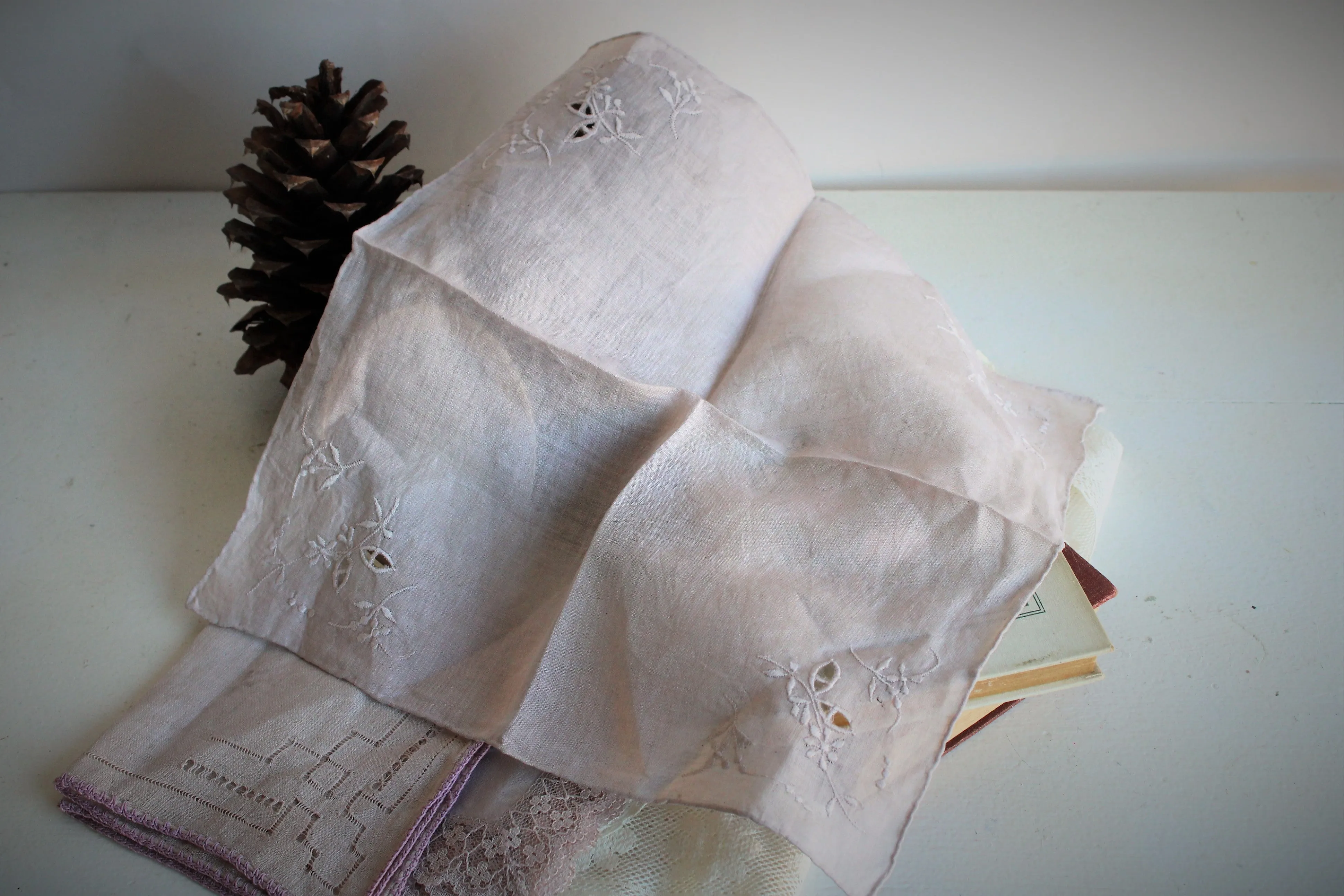 Set of Three Hand Plant Dyed Vintage Handkerchiefs in Silvery Lavender