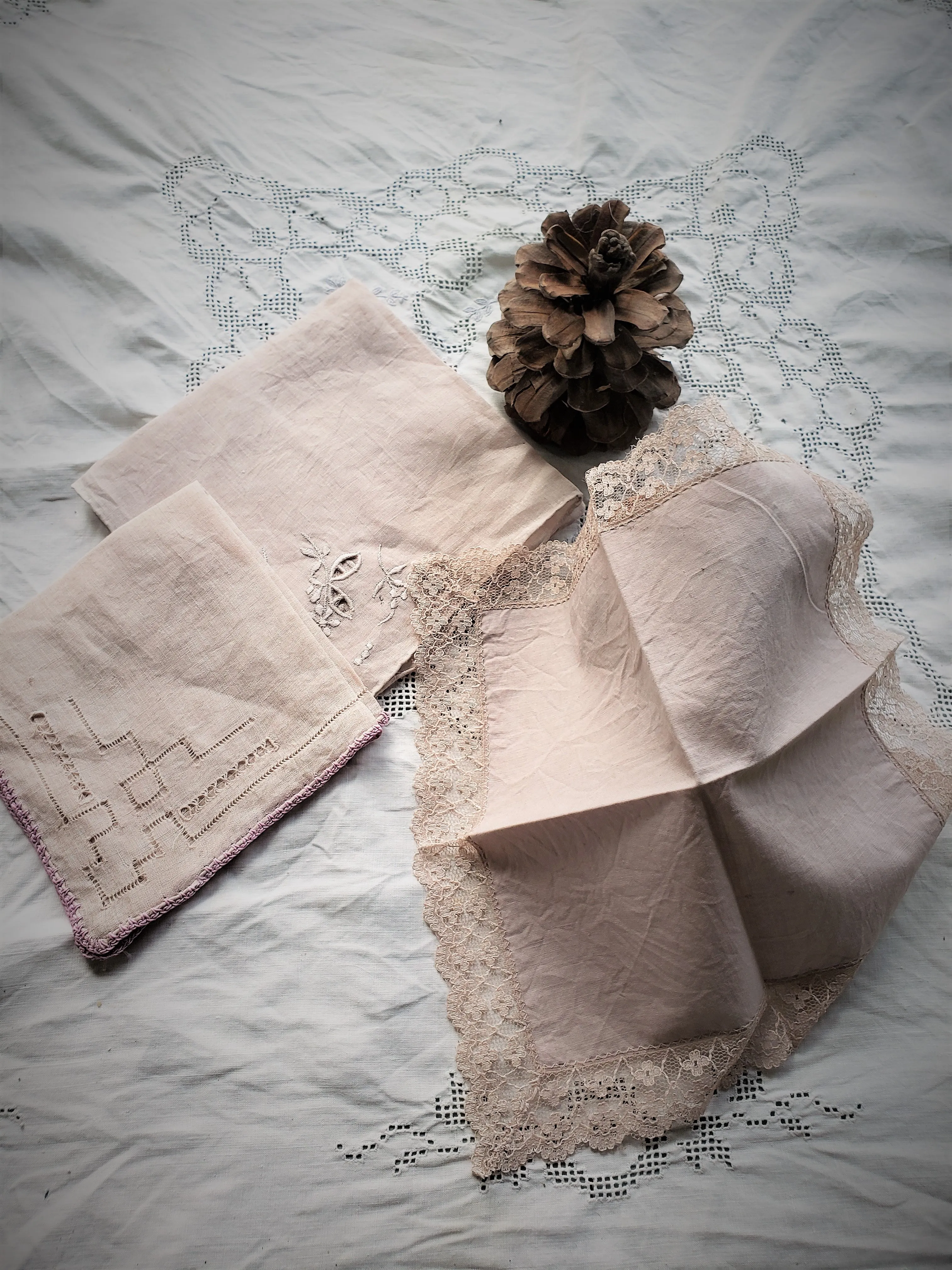 Set of Three Hand Plant Dyed Vintage Handkerchiefs in Silvery Lavender