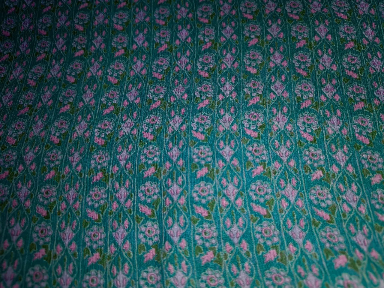 Silk chiffon printed  fabric green with pink floral stripes  44" wide [15457]