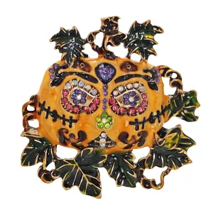 Spooky Vintage Crystal &Green Vine Accent Enamel Halloween Pumpkin Brooch Pin