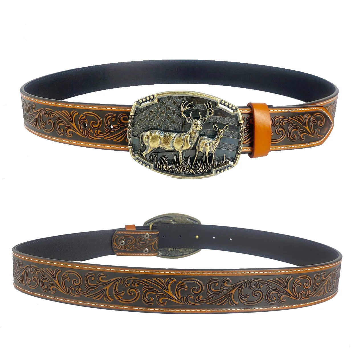 TOPACC Western Genuine Leather Pattern Tooled Belt-Deer American Flag Belt Buckle Copper/Bronze