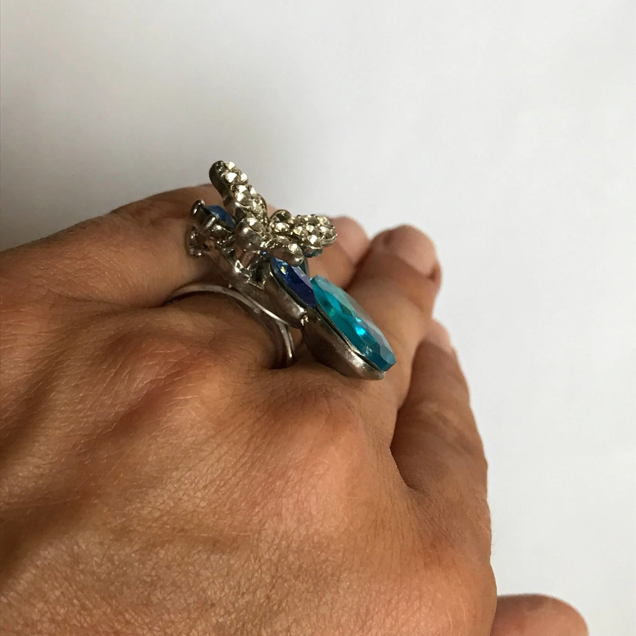 Upcycled Butterfly Ring. Blue Rhinestone Statement Ring. Costume Jewelry. Recycled Jewelry