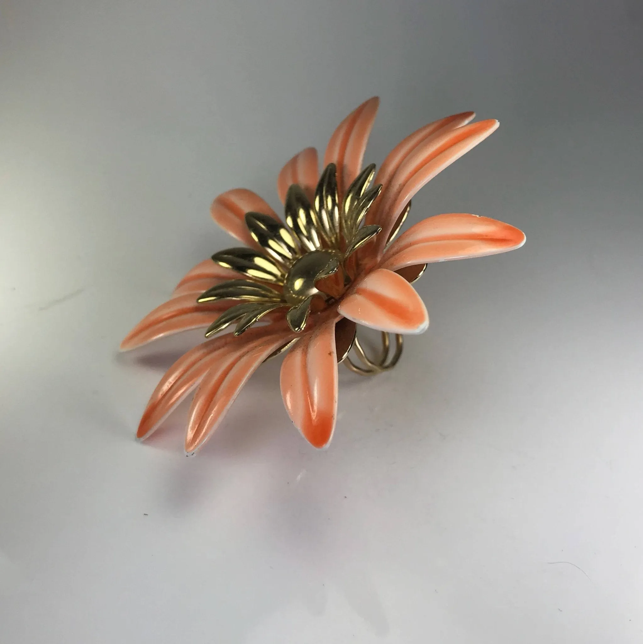 Upcycled Flower Statement Ring. Peach Gold Tone Flower. Vintage Recycled Jewelry.